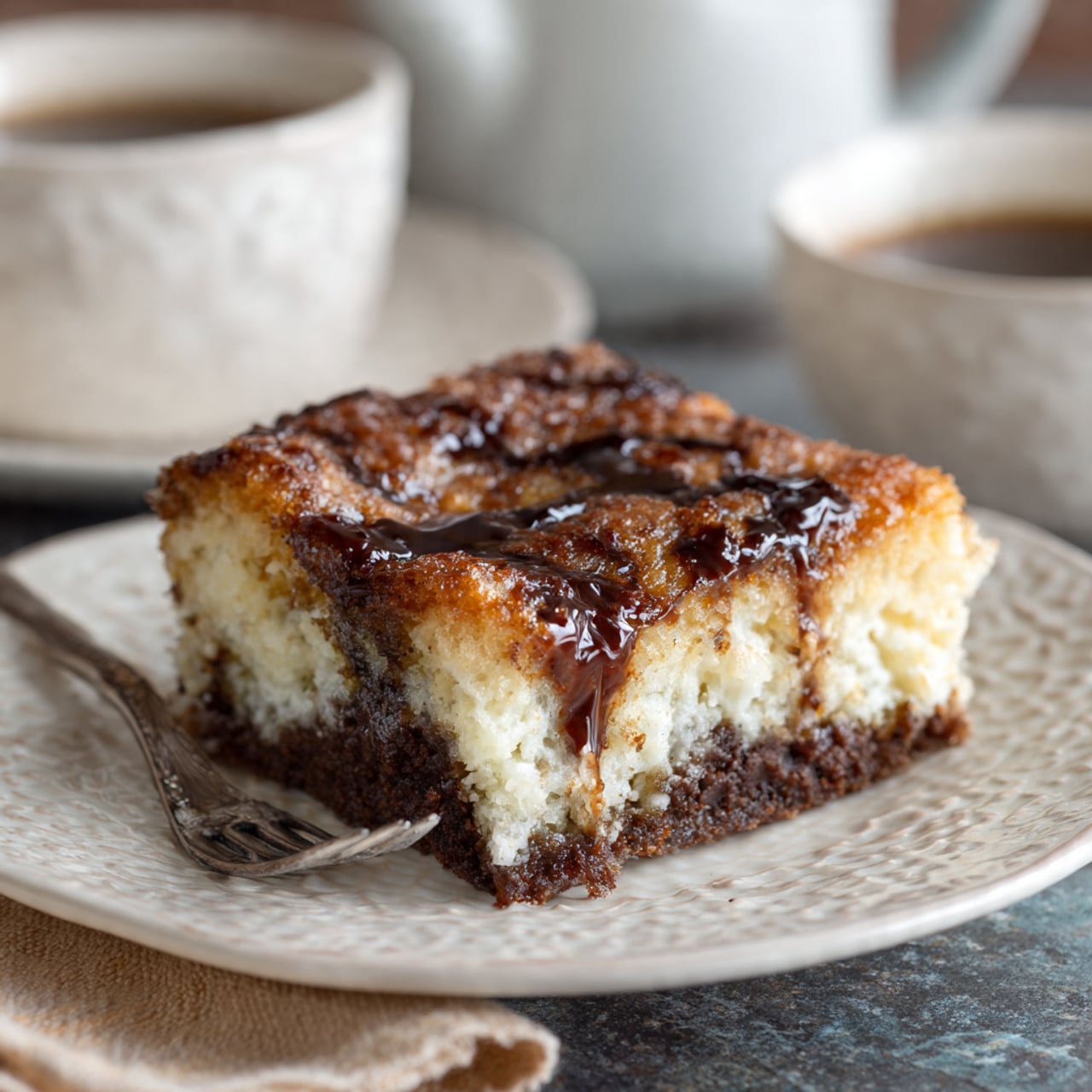 The image shows a thick rectangular slice of dessert with three visible layers on a white plate. The top layer is a dark brown, glossy, slightly cracked cake-like layer. The middle layer is a thin, white, slightly creamy and textured filling that appears moist. The bottom layer is a light beige, dense and soft cake base. The dessert slice looks moist with some melting or soft textures between layers. A silver fork lies on the plate in front of the dessert. The plate rests on a white marbled surface with a blurred stack of white plates in the background. photo taken with an iphone --ar 4:5 --v 7