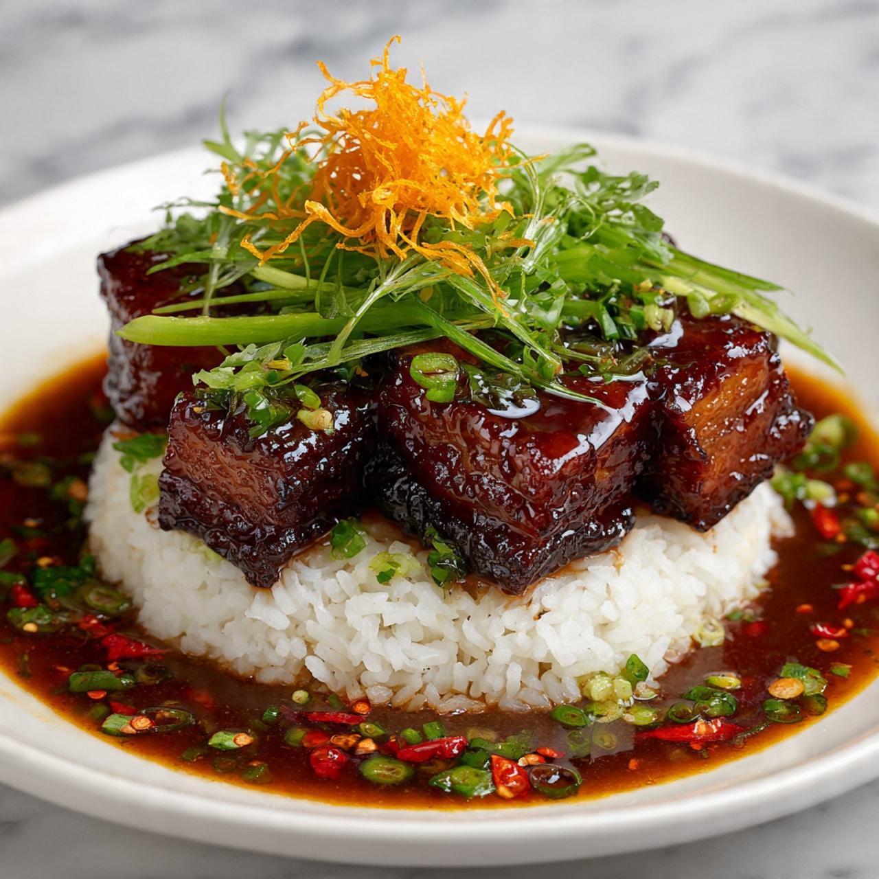 The dish shows three thick slices of glazed meat with a shiny, dark caramelized sauce on top, arranged in the center of a white plate. Behind the meat, there is a mound of white rice. On top of the rice and meat, there are bright green, fresh scallions and thin strips of green herbs, along with a small pile of orange shredded garnish. The meat and rice sit in a pool of rich, dark brown sauce that has visible red chili flakes and small bits of green onions scattered around. The background surface is a white marbled texture. Photo taken with an iphone --ar 4:5 --v 7