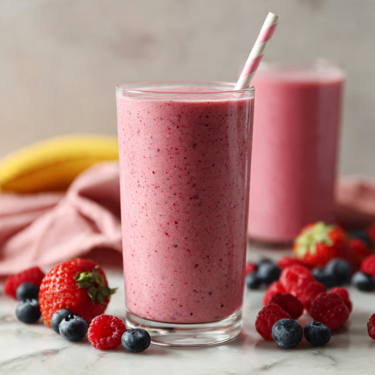 A tall clear glass filled to the top with a thick, pink smoothie that has visible tiny red and black specks throughout. A white and pink striped paper straw is placed inside the glass on the right side. Around the glass on a white marbled surface are fresh whole raspberries, blueberries, a halved strawberry with a green leafy top facing up, and a banana partially visible in the back left, all adding bright red, blue, and yellow colors. Behind the main glass is a second glass filled with the same pink smoothie, slightly out of focus. A pink cloth is also partly visible under the fruits on the left side. Photo taken with an iphone --ar 4:5 --v 7