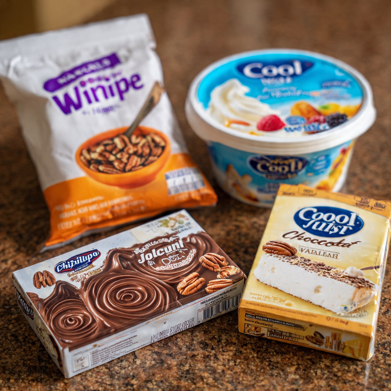 The image shows five packaged ingredients arranged closely together on a brownish countertop with a shiny finish. At the back left is a white pouch with purple and orange labeling containing small pecan chips; the pouch features an image of pecans in an orange bowl with a wooden spoon. Next to it, on the right side, is a round white container of Cool Whip Original whipped topping, with a blue lid showing small pictures of cake, a smoothie, hot chocolate, and fruit with whipped cream. In front of these is a box of chocolate Jell-O pudding to the left, with a rich chocolate swirl image on the packaging. To the right of that box is a box of vanilla Jell-O pudding, colored with creamy white and yellowish tones. At the very front is a rectangular box of Philadelphia Original cream cheese in white packaging with blue and black text. photo taken with an iphone --ar 4:5 --v 7