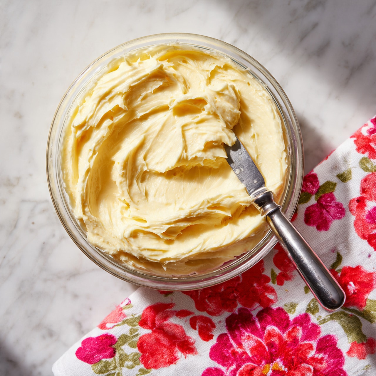 The image shows a clear glass dessert bowl filled with two scoops of pale yellow ice cream that has a smooth and creamy texture. Between and around the scoops are several chunks of bright orange fruit, adding contrast and a fresh look. The bowl sits on a white cloth with red floral patterns, all placed on a white marbled surface. The light is soft, highlighting the ice cream’s creamy texture and the fruit's shiny surface. photo taken with an iphone --ar 4:5 --v 7