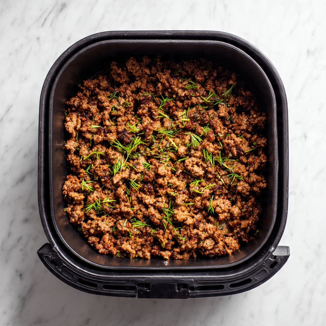 The image shows a single layer of cooked ground meat spread evenly inside a black air fryer basket. The meat is brown with some darker crispy edges and small bits of green herbs sprinkled on top, adding a fresh touch. The basket is square with rounded edges, and the background is a white marbled surface that contrasts nicely with the dark basket and the rich colors of the meat. photo taken with an iphone --ar 4:5 --v 7