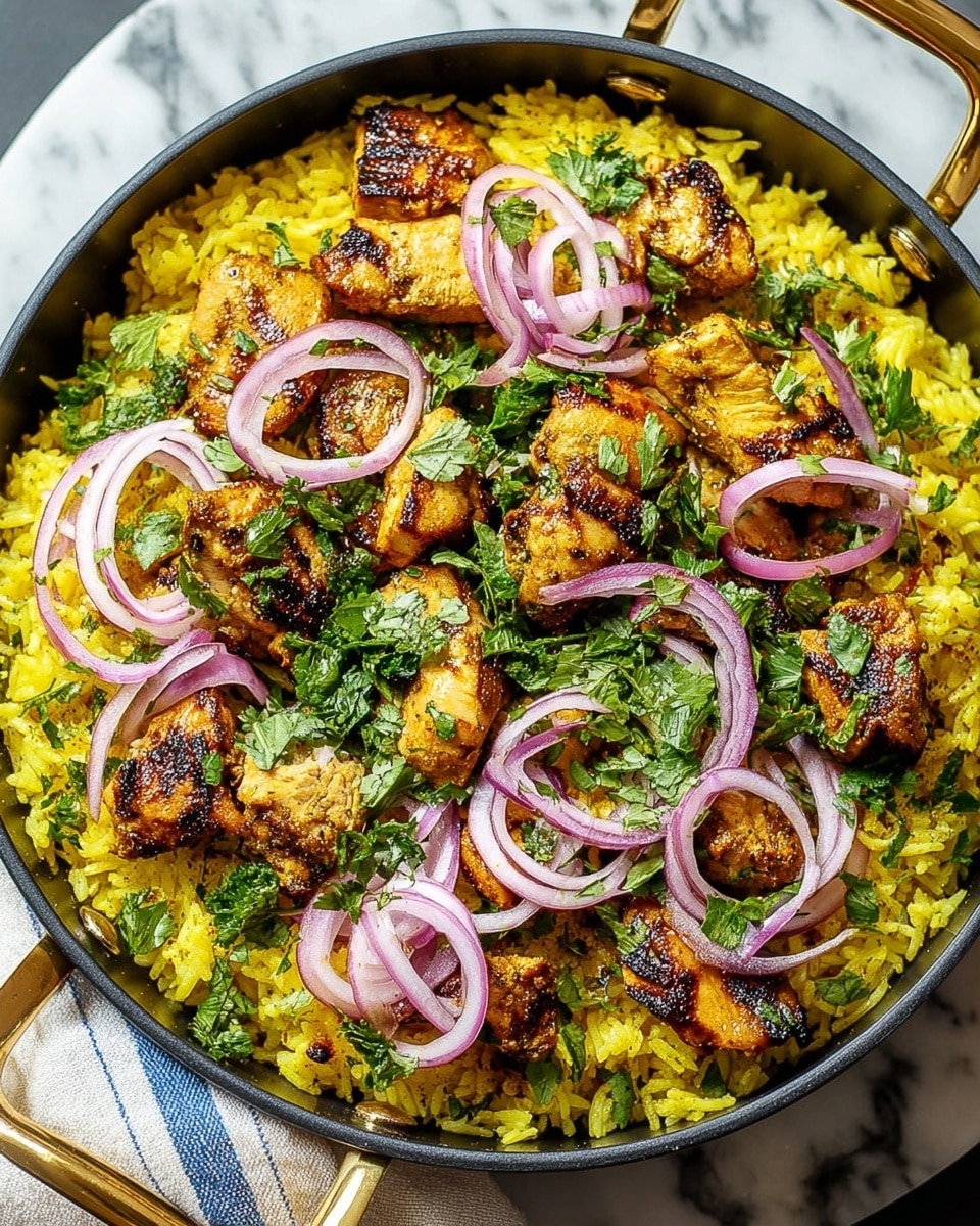 A black pan with gold handles holds a layered dish starting with a base of bright yellow rice mixed with small green leaves, topped with golden-brown grilled chicken pieces that have a slightly charred texture. On top of the chicken, there are thin rings of bright purple onions and scattered fresh green chopped herbs. The pan sits on a white marbled surface with a white and blue cloth partially visible. photo taken with an iphone --ar 4:5 --v 7