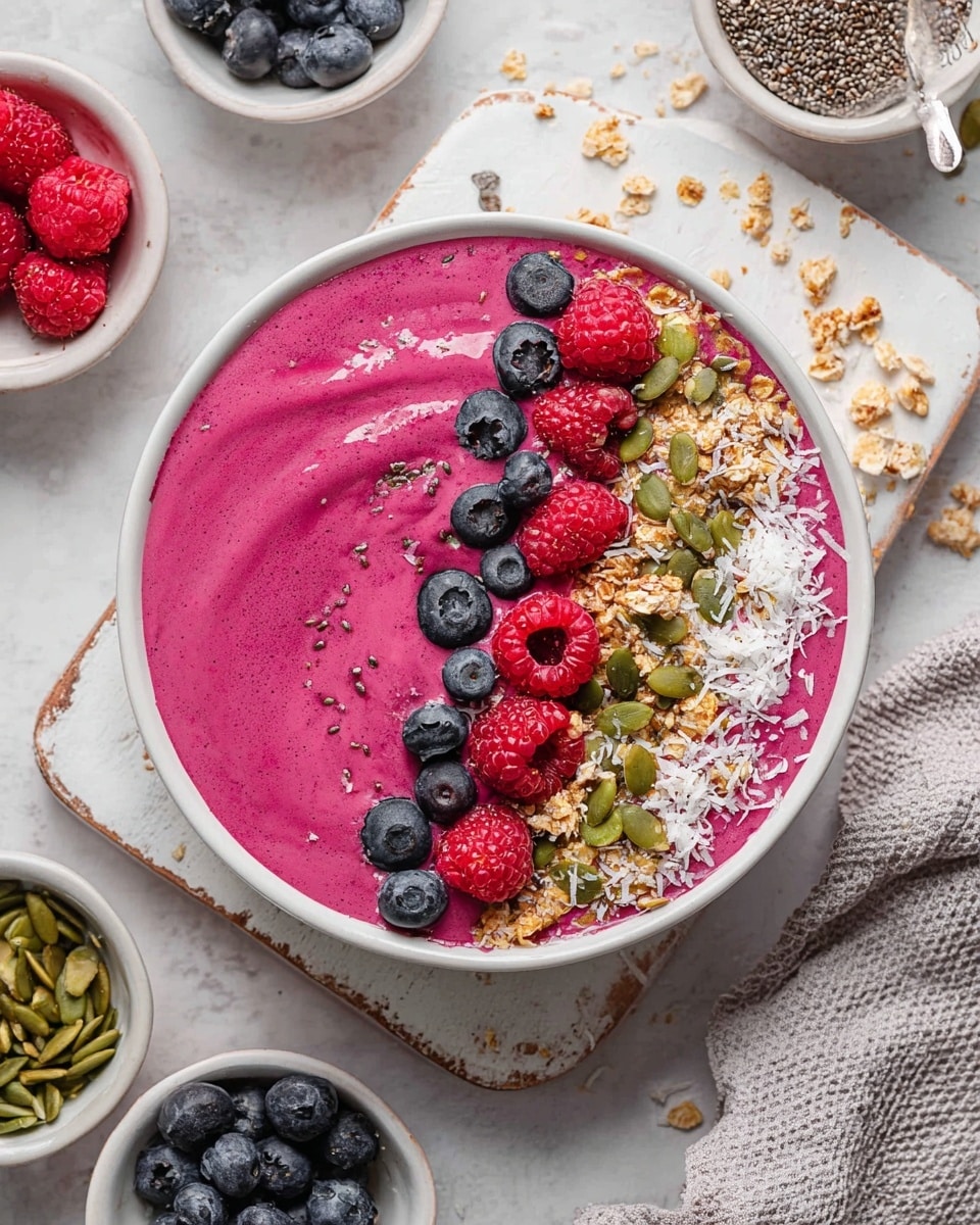 A white bowl filled with a thick, bright pink smoothie layer that covers the entire bowl, topped on one side with a neat row of fresh red raspberries, dark blue blueberries, green pumpkin seeds, small light brown crunchy granola pieces, and white shredded coconut flakes, all scattered evenly and contrasting with the smooth pink base. The bowl sits on a slightly worn white cutting board placed over a white marbled surface, surrounded by small bowls containing fresh blueberries and raspberries, pumpkin seeds, shredded coconut, and chia seeds. A light gray textured cloth is partly visible on the right side. Photo taken with an iphone --ar 4:5 --v 7