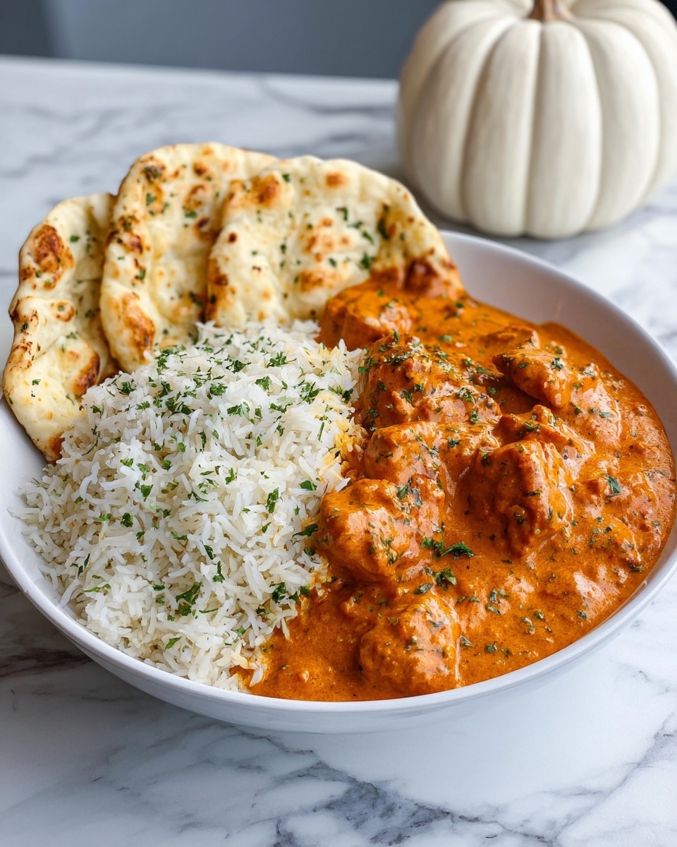 This dish is served in a shallow white bowl with three main parts. On the left side, there are three folded pieces of warm naan bread with light brown toasted spots and soft texture. In the middle, there is a mound of white rice with individual grains visible, sprinkled with small green herb bits on top. On the right side, covering about half of the bowl, there is a thick orange creamy sauce with chunks of tender meat, speckled with herbs and small bits of spices, giving a rich and vibrant look. The bowl is placed on a white marbled surface, and a white pumpkin decoration is visible in the background. Photo taken with an iphone --ar 4:5 --v 7