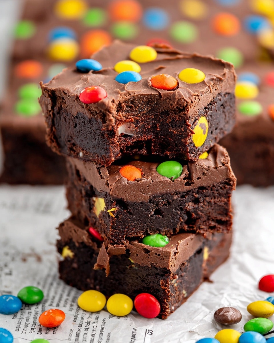 The image shows multiple square pieces of chocolate brownies laid out on a white marbled surface covered with printed paper. Each brownie has a thick, smooth layer of dark brown chocolate frosting on top. Scattered on the frosting are small, colorful candy pieces in blue, green, yellow, orange, red, and brown. One brownie piece is held up in the center by a woman's hand, showing a moist, dense interior with chunks of chocolate. The candies add bright spots of color against the dark chocolate background, making the brownies look rich and fun photo taken with an iphone --ar 4:5 --v 7