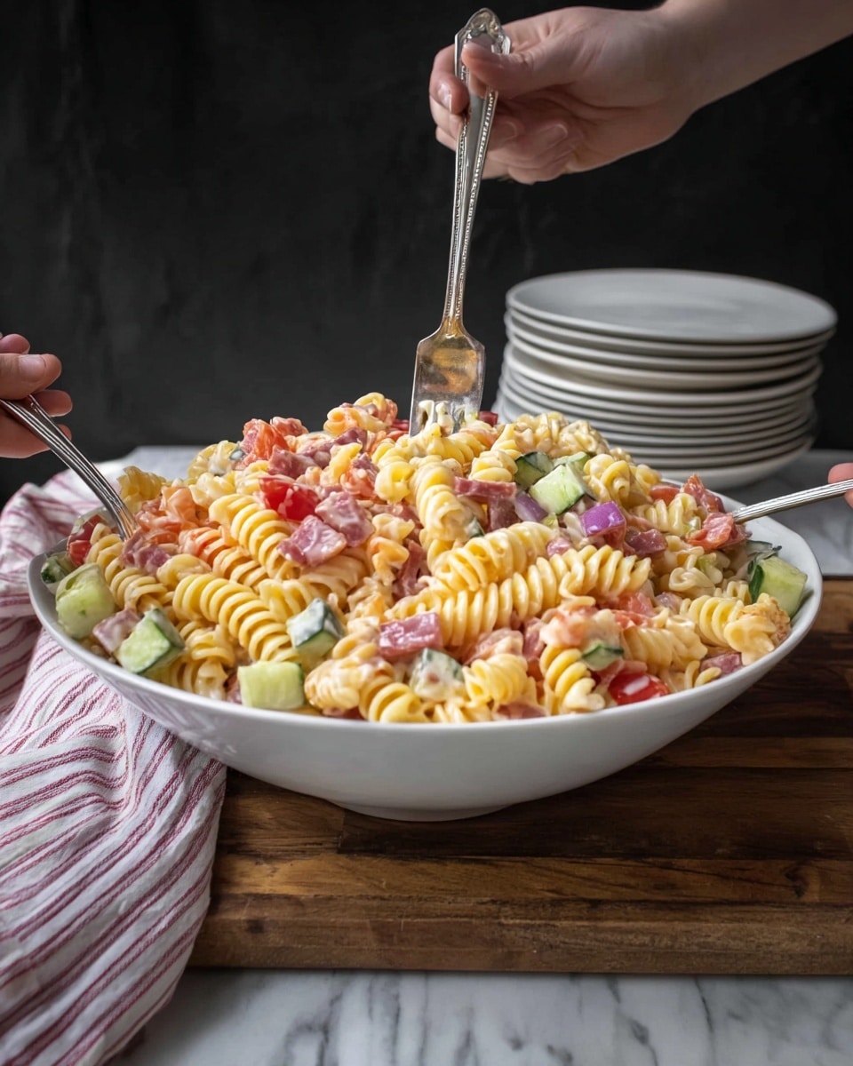 A large white bowl filled with a colorful pasta salad sits on a wooden board over a white marbled surface. The pasta is rotini, with spirals in shades of pale yellow and orange. Mixed evenly throughout are small cubes of light green cucumber, red tomato, and pieces of purple-red salami. Two woman's hands with forks lift some of the salad from the center of the bowl, showing the creamy texture that coats the pasta and vegetables. In the background, there is a stack of white plates and a white cloth with red stripes against a dark backdrop. photo taken with an iphone --ar 4:5 --v 7