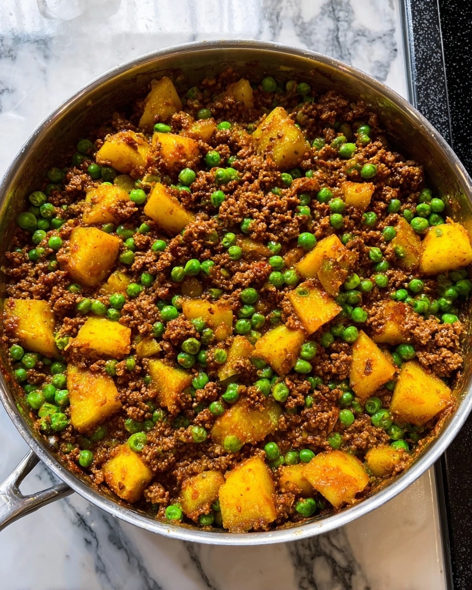 A large pan filled with a cooked dish made of small round peas and brown ground meat mixed with yellow potato chunks. The peas are bright green and scattered evenly throughout the dish, while the yellow potato pieces are bigger and spread on top and inside the meat and peas mixture. The meat looks juicy and finely crumbled, with a slightly oily texture, covering the bottom and sides of the pan. The pan sits on a stove with a white marbled surface visible around it. Photo taken with an iphone --ar 4:5 --v 7
