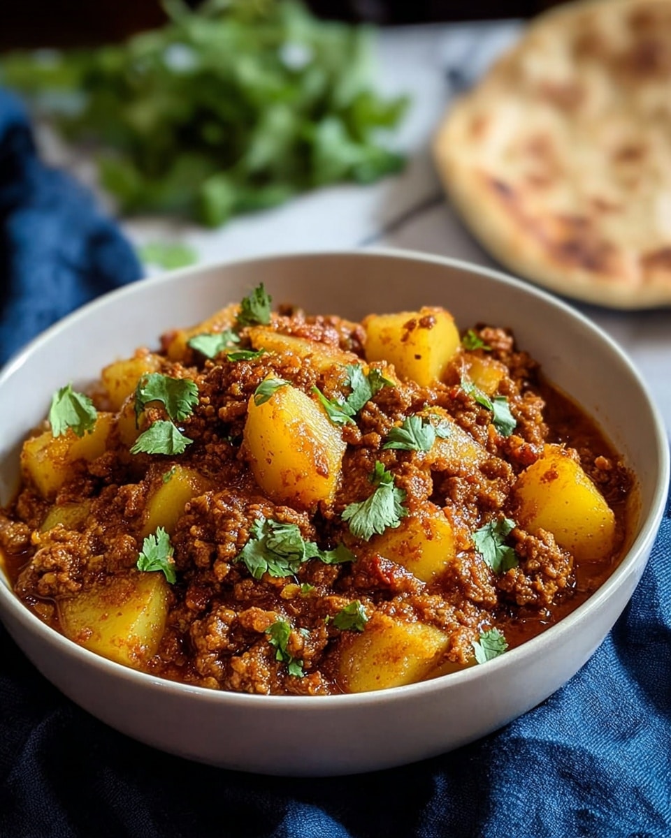 A white bowl filled with a thick stew made of small brown minced meat chunks mixed with golden yellow potato pieces, all covered in a reddish-brown sauce. The dish is topped with scattered bright green cilantro leaves for color. The bowl rests on a dark blue cloth, with a piece of flatbread blurred in the background and some greenery adding depth behind. The whole scene is set on a white marbled surface. photo taken with an iphone --ar 4:5 --v 7