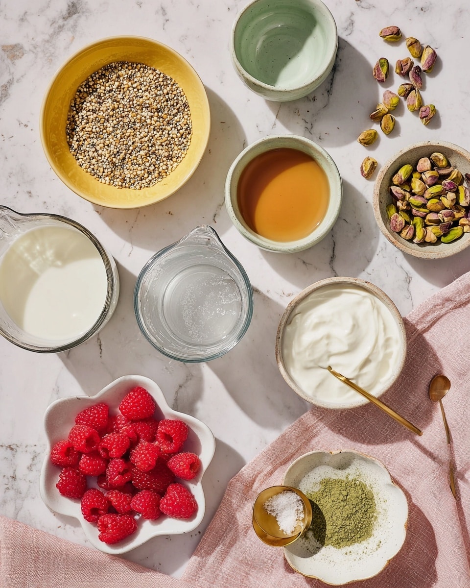 The image shows a flat lay of various ingredients arranged on a white marbled surface. There are eight small bowls and containers with different items: at the top left, a yellow bowl filled with tiny beige and brown seeds; next to it, a small white bowl with a light brown liquid; to the right, a pale green ceramic bowl holding a darker amber liquid. Below, a white bowl contains thick white yogurt, and to its bottom left, a clear glass measuring cup is filled with milk. A small white bowl at the bottom left corner holds fresh bright red raspberries. In the middle, a white irregular-shaped bowl contains a metal measuring cup of pistachio nuts with some nuts scattered outside; near it, a small clear bowl has white granules likely salt. At the bottom right, a small scalloped beige dish filled with green powder sits on a soft pink cloth, with a gold spoon resting on it. The light is bright and natural, casting soft shadows. Photo taken with an iphone --ar 4:5 --v 7