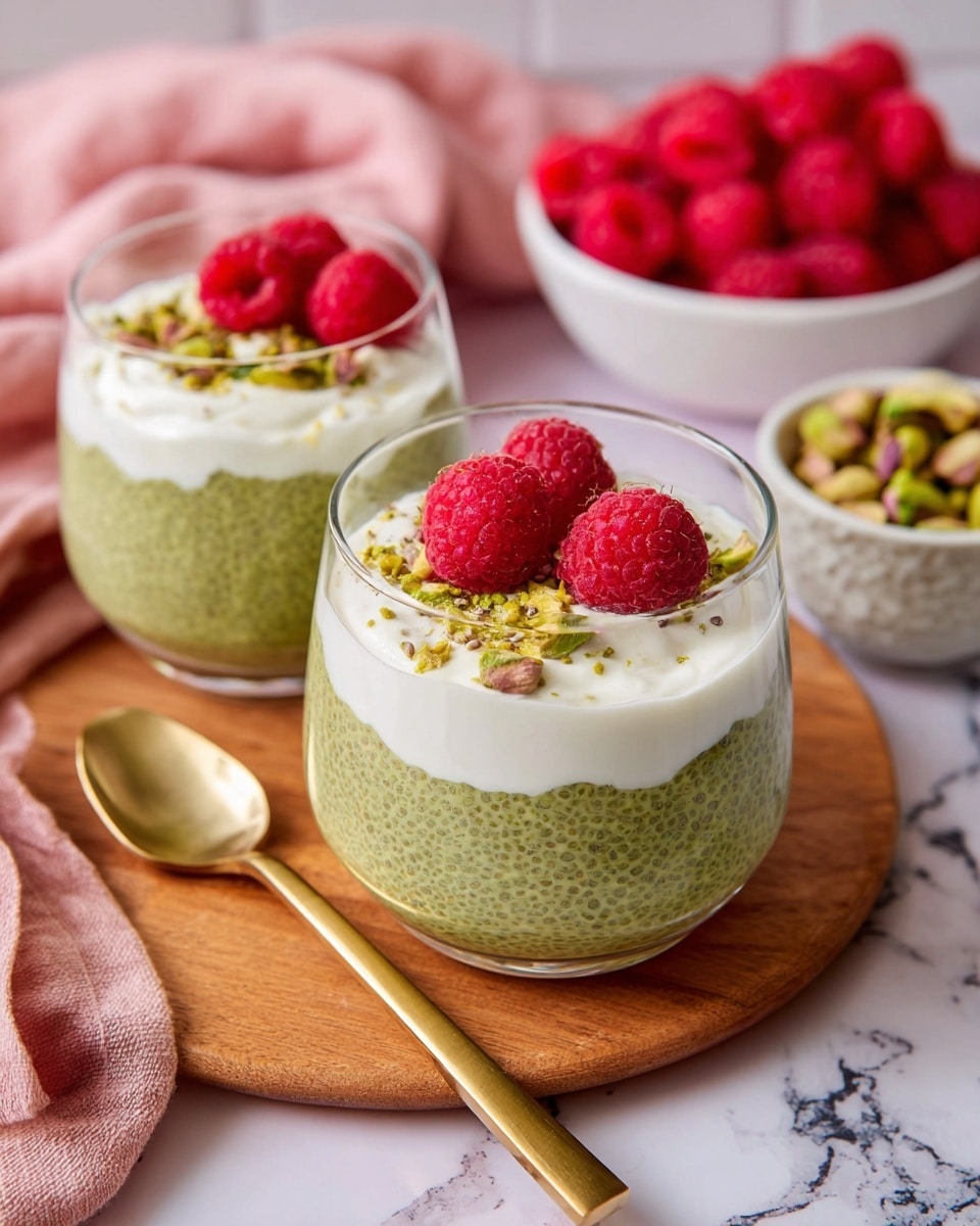 The image shows two clear glass bowls filled with three layers. The bottom layer is light green and textured with small chia seeds. The middle layer is a smooth and creamy white topping that partially covers the green chia mixture. The top layer has three bright red raspberries and small pieces of chopped green pistachios sprinkled on the white cream. The bowls are placed on a wooden board with a shiny gold spoon beside them. In the background, there is a white bowl filled with fresh red raspberries and another white bowl with green pistachios. The setting has a white marbled surface, and a soft pink cloth is partially visible on the side. photo taken with an iphone --ar 4:5 --v 7