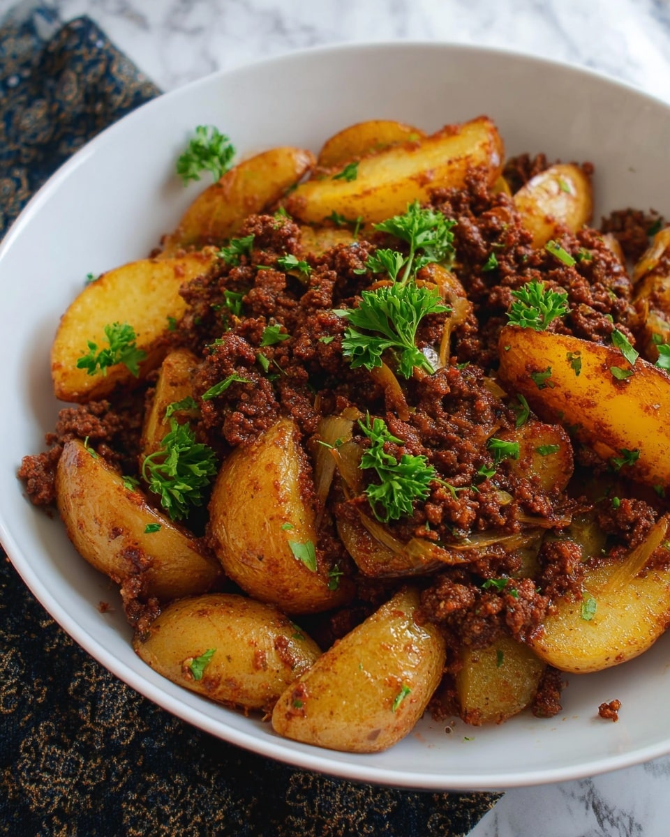 The image shows two white plates filled with a mixture of cooked ground meat and small golden brown potato halves. The dish is garnished with finely chopped green herbs scattered over the top, adding a fresh contrast to the warm colors of the meat and potatoes. The meat is crumbly and dark brown, while the potatoes have a slightly crispy, golden exterior. The plates are placed on a white marbled surface with some green parsley and herb sprigs nearby, adding a natural touch. A woman's hand can be seen holding a fork near the bottom left corner. Photo taken with an iphone --ar 4:5 --v 7