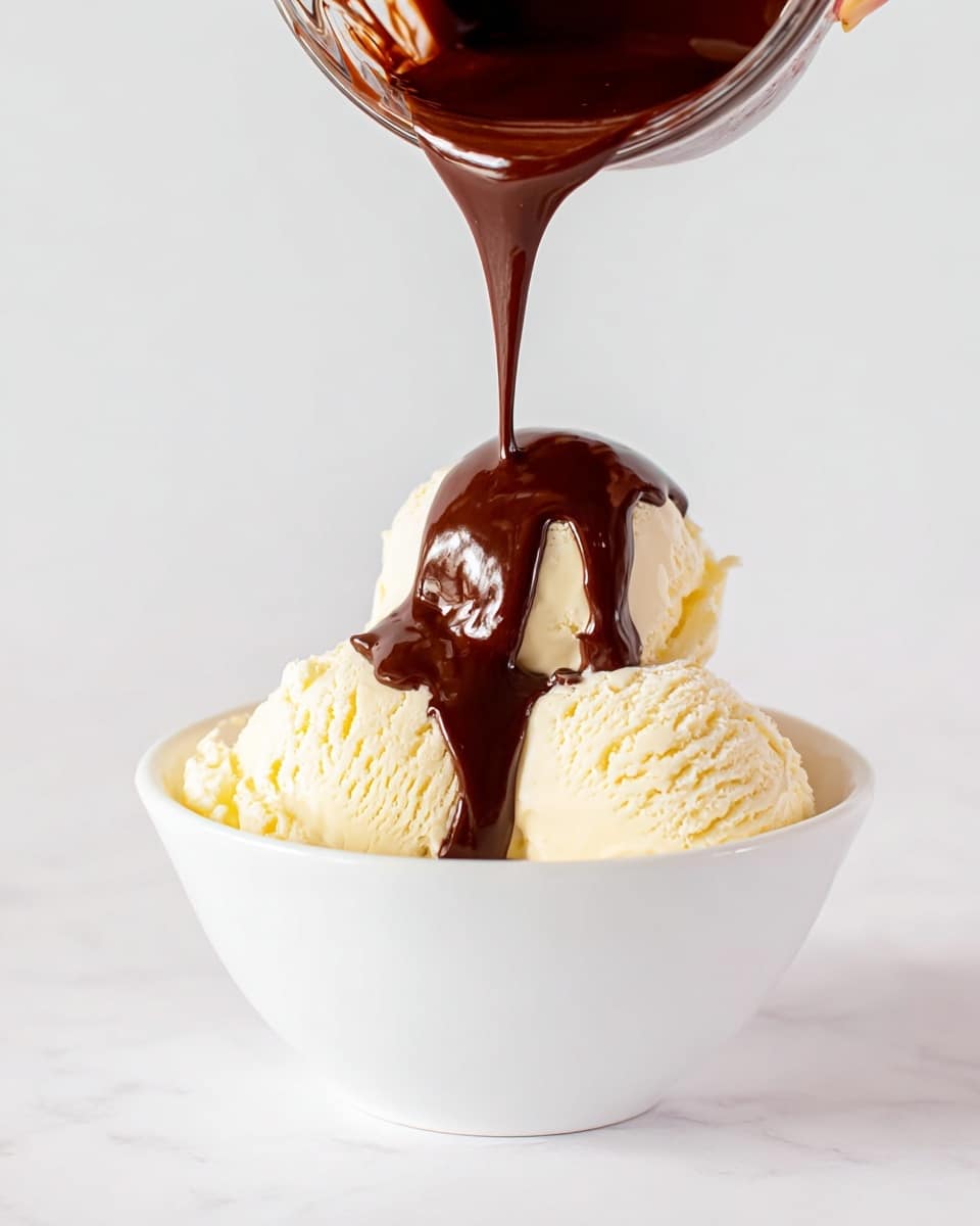 A white bowl filled with three scoops of creamy, pale yellow ice cream, with thick, dark brown chocolate sauce being poured from above onto the ice cream, the sauce flowing smoothly and covering part of the scoops. A woman's hand holds the glass container of chocolate sauce, visible only partly at the top of the image. The background and surface are a clean white marbled texture. photo taken with an iphone --ar 4:5 --v 7
