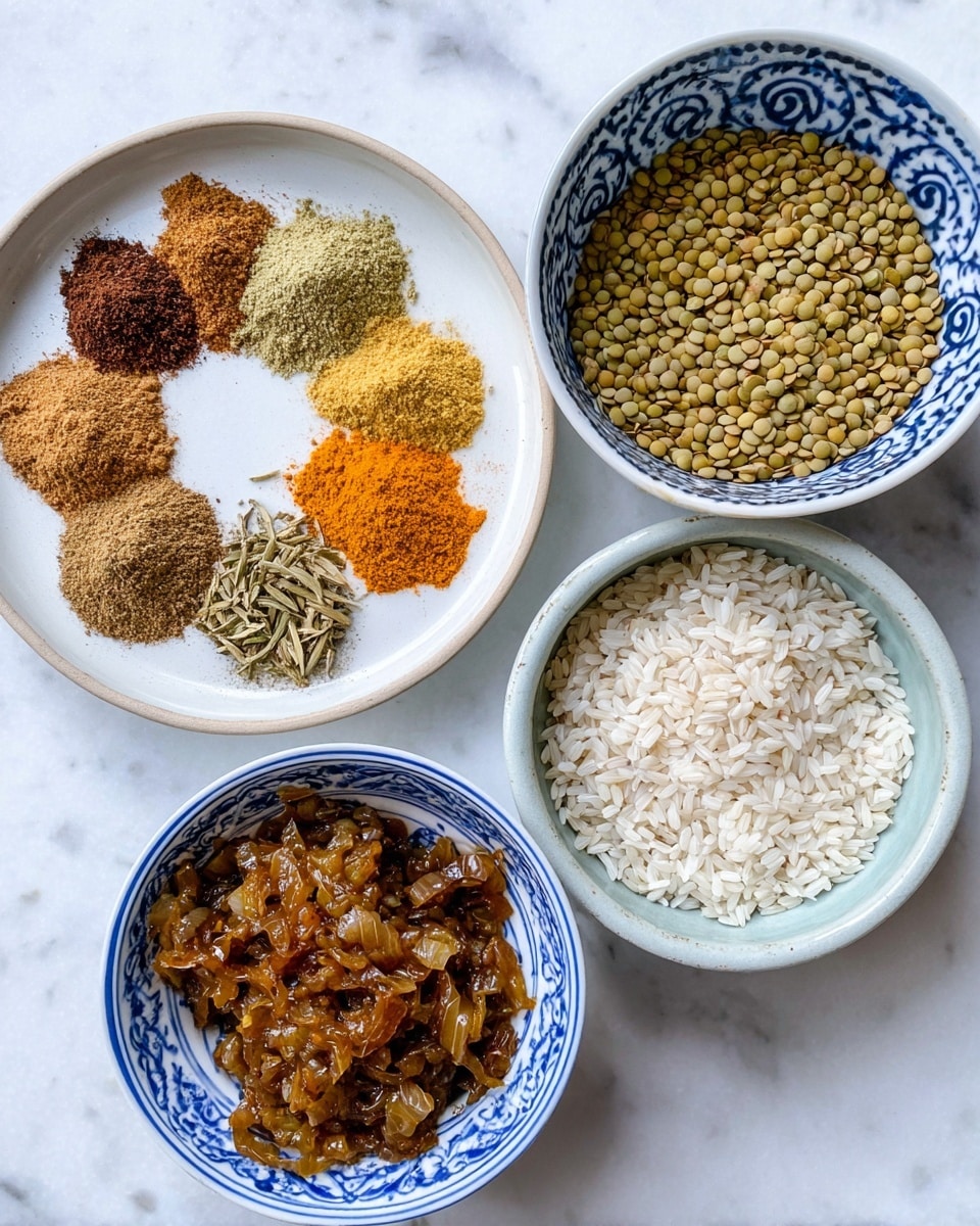 The image shows four white bowls and plates arranged on a white marbled surface. The top left white plate holds seven piles of different spices with colors ranging from brown, orange, light yellow to greenish tones, each with a powdery texture. To its right is a white bowl with blue patterned inside, filled with pale green lentils that are round and smooth. Below the spices plate, a white bowl contains caramelized onions, shiny and brown with a chunky texture. At the bottom right, another white bowl with a light blue pattern is filled with white rice grains, slightly long and smooth. The photo taken with an iphone --ar 4:5 --v 7