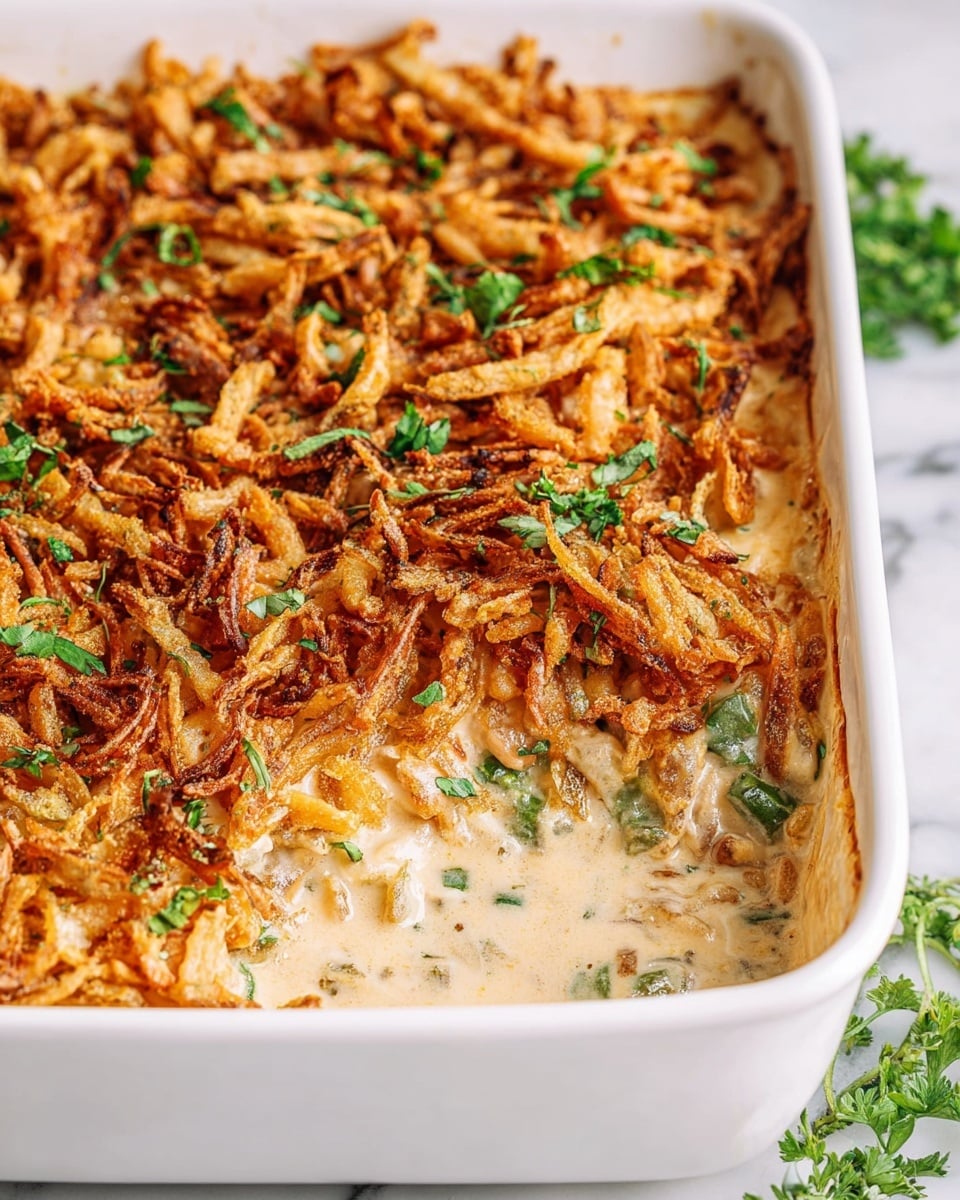 A white rectangular dish filled with a layered casserole showing three main layers: the bottom creamy beige sauce mixed with soft green vegetable pieces, a middle layer of melted cheese creating a smooth and bubbly texture, and a top layer densely covered with golden brown crispy fried onion strips scattered with small bright green herb leaves. The dish rests on a white marbled surface with some fresh green herbs seen in the background. photo taken with an iphone --ar 4:5 --v 7