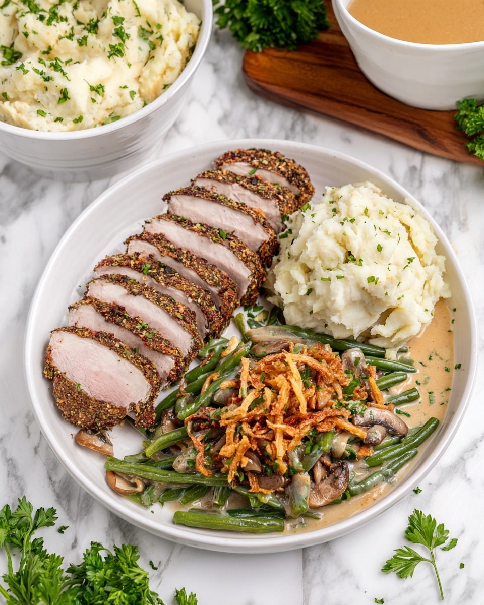 A white plate holds a meal with three main sections: at the top left, four slices of light pink meat with a dark herb crust form a neat row; to the right, a mound of creamy white mashed potatoes sprinkled with small bits of green herbs; at the bottom left, a green bean casserole made of bright green beans mixed with creamy beige sauce, small pieces of mushrooms, and topped with crispy golden-brown fried onions and chopped green herbs. The plate is set on a white marbled surface with a bowl of extra mashed potatoes garnished with green herbs in the upper left and a white dish of golden brown gravy at the bottom right. Some fresh parsley sits on a wooden board in the background. photo taken with an iphone --ar 4:5 --v 7