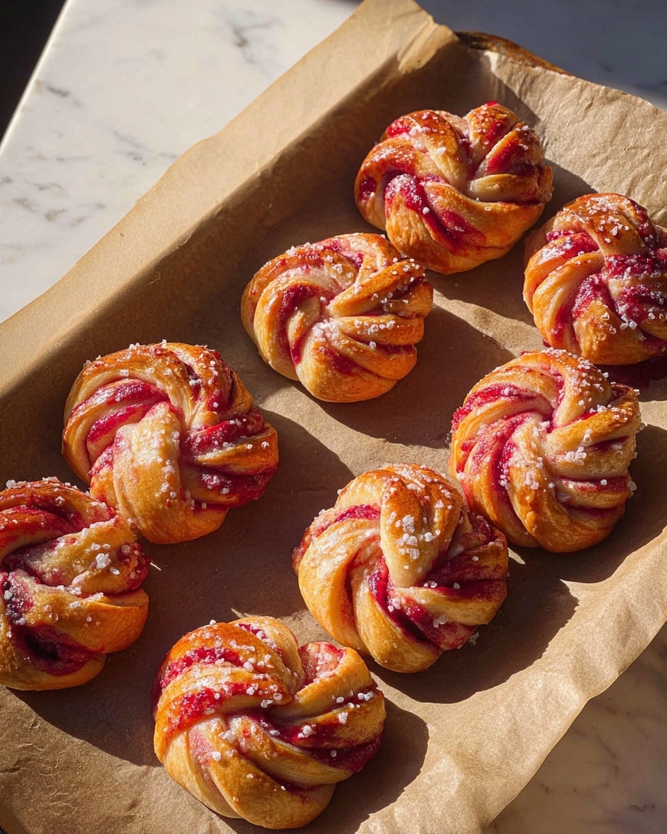 The image shows eight twisted buns placed on a parchment-lined tray. Each bun has multiple twisted layers of golden brown dough wrapped around bright red filling, creating a swirl pattern. The buns are slightly shiny, with a few white sprinkles of sugar on top, adding texture. The tray sits on a white marbled surface, and warm sunlight highlights the golden color and red filling of the buns. Photo taken with an iphone --ar 4:5 --v 7