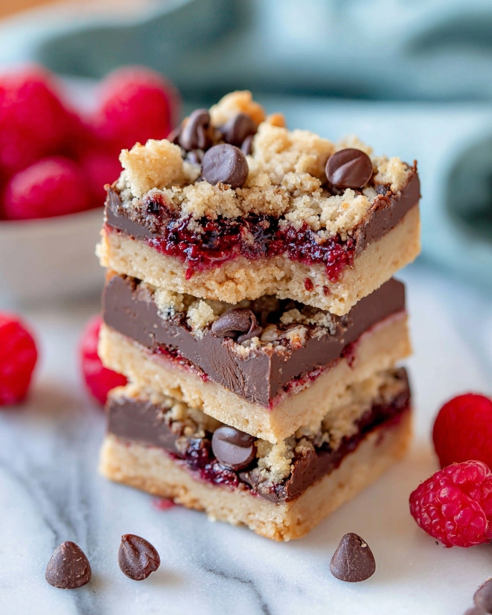 The image shows a stack of three layered dessert bars on a white marbled surface. Each bar has a thick, light tan base layer that looks crumbly. Above that is a smooth, dark chocolate layer, rich and glossy. The top layer is crumbly and light tan, mixed with dark brown chocolate chips scattered all over. There are also some dark red jam spots peeking out under the crumbly top layer. Around the bars, there are some fresh red raspberries and scattered chocolate chips. The background has a soft, blurred pale blue-green cloth and more raspberries. The photo taken with an iphone --ar 4:5 --v 7