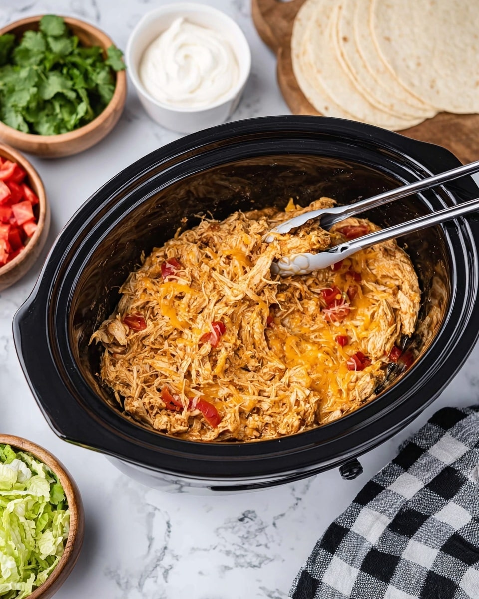 A black slow cooker filled with shredded cooked chicken mixed with melted orange cheese and visible small pieces of red tomato. The chicken mixture has a soft, moist texture. Black and silver tongs rest inside the slow cooker. Around the slow cooker, on a white marbled surface, there is a white bowl of sour cream, a wooden bowl with chopped green cilantro, a wooden board with shredded light green lettuce, a white bowl with diced red tomatoes, and a white plate holding some plain white tortillas. A black and white checkered cloth is placed near the slow cooker. photo taken with an iphone --ar 4:5 --v 7