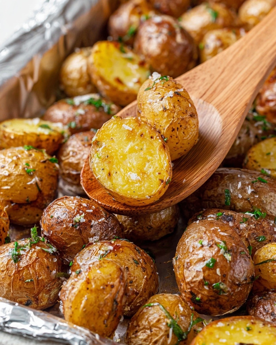 A close-up of many roasted golden brown baby potatoes with crispy skins and soft inside, some whole and some cut in half showing a light yellow interior, sprinkled with small bits of green herbs and coarse white salt. A wooden spoon lifts one sliced potato with a shiny, slightly browned surface. The potatoes rest inside a silver foil tray against a white marbled texture background. Photo taken with an iphone --ar 4:5 --v 7