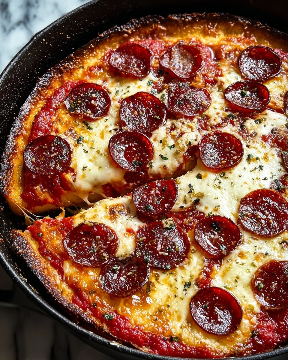 A deep-dish pizza in a black pan with a thick golden-brown crust. The bottom layer shows bright red tomato sauce peeking from the edges, topped with a thick layer of melted white cheese that has some brown spots from baking. On top of the cheese, there are many round slices of shiny, dark orange pepperoni scattered evenly, some slightly curled at the edges. Small green herb bits are sprinkled over the pepperoni and cheese. The pizza is partially sliced, revealing the gooey cheese stretch inside. The background is a white marbled texture. photo taken with an iphone --ar 4:5 --v 7