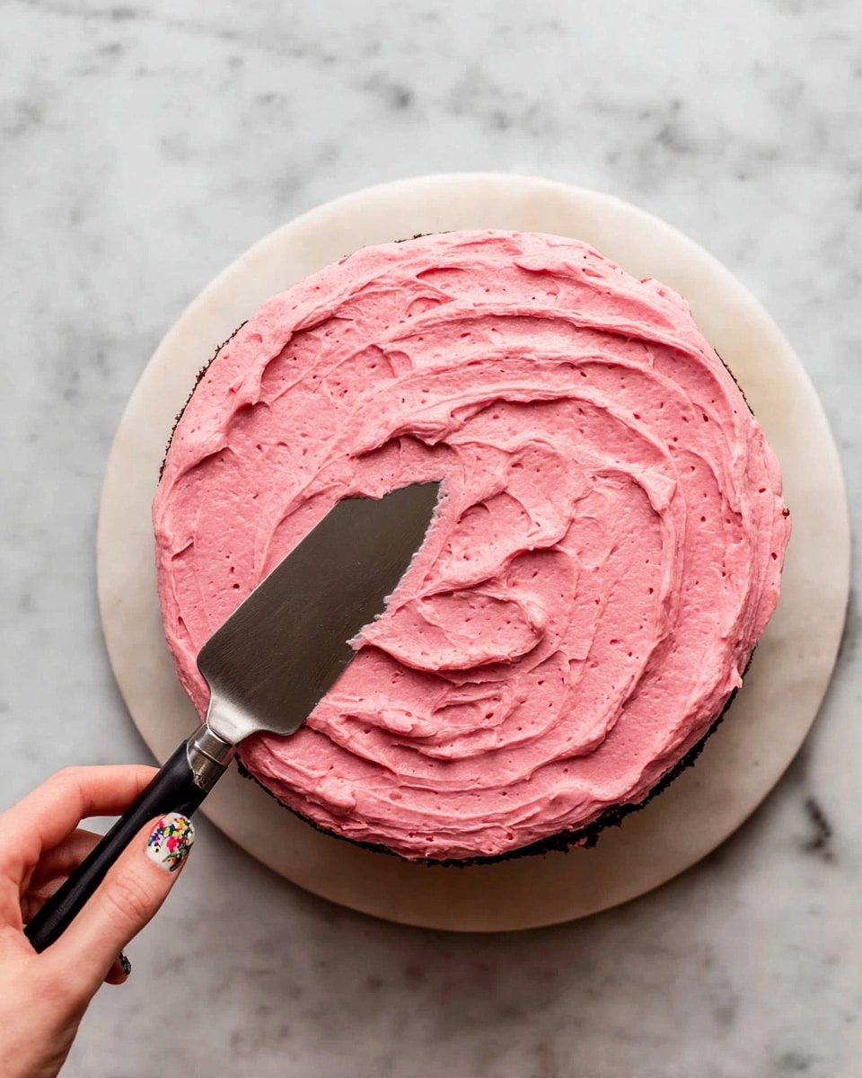 A round dark chocolate cake with one thick layer is on a white marble surface. The top of the cake is spread with one thick layer of bright pink frosting that has a smooth but slightly textured look with small bits inside. A metal spatula with a black handle is spreading the pink frosting evenly across the cake top. A woman’s hand with painted nails is holding the spatula from the bottom left corner. Photo taken with an iphone --ar 4:5 --v 7