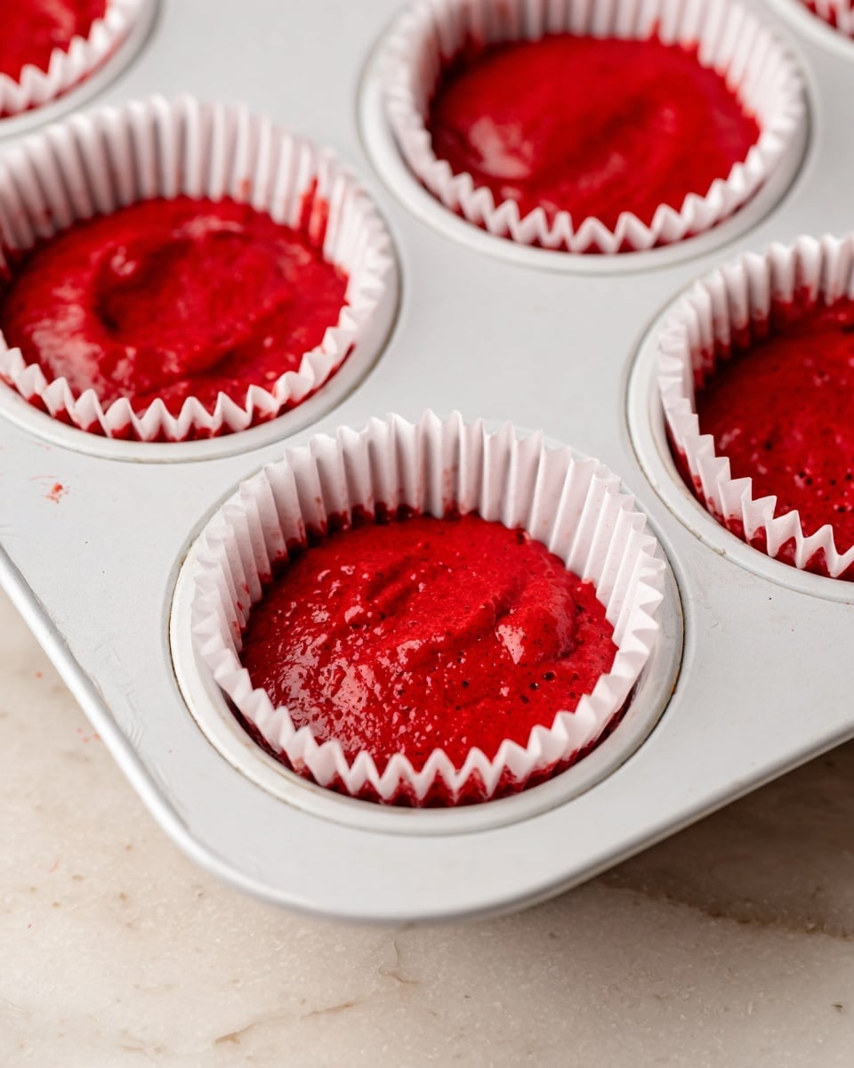The image shows a white cupcake baking tray with multiple cupcake liners, each filled with bright red batter. The batter has a smooth but slightly textured surface with small air bubbles, and it fills each liner almost to the top. The liners are white and have a crinkled paper texture, holding the vibrant red batter inside. The tray sits on a white marbled textured surface. photo taken with an iphone --ar 4:5 --v 7