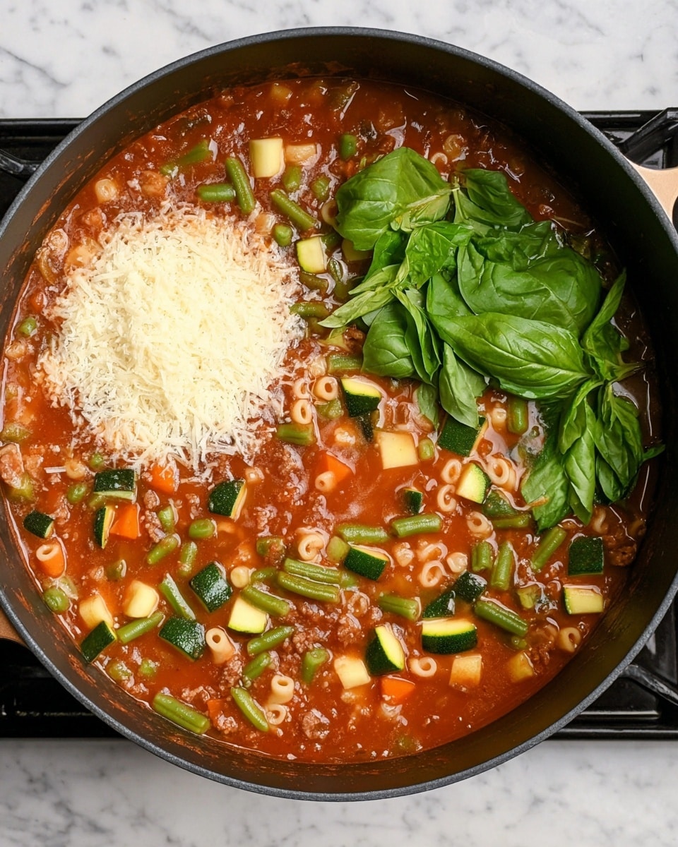 A large black pot filled with a thick soup showing layers of colorful ingredients: green beans, small pasta pieces, diced zucchini, and carrots all mixed in a rich reddish broth. On the surface, there is a visible white layer of grated cheese on the left side and a pile of fresh green basil leaves on the right. The pot rests on a cooking stove, and the background is a white marbled surface. photo taken with an iphone --ar 4:5 --v 7