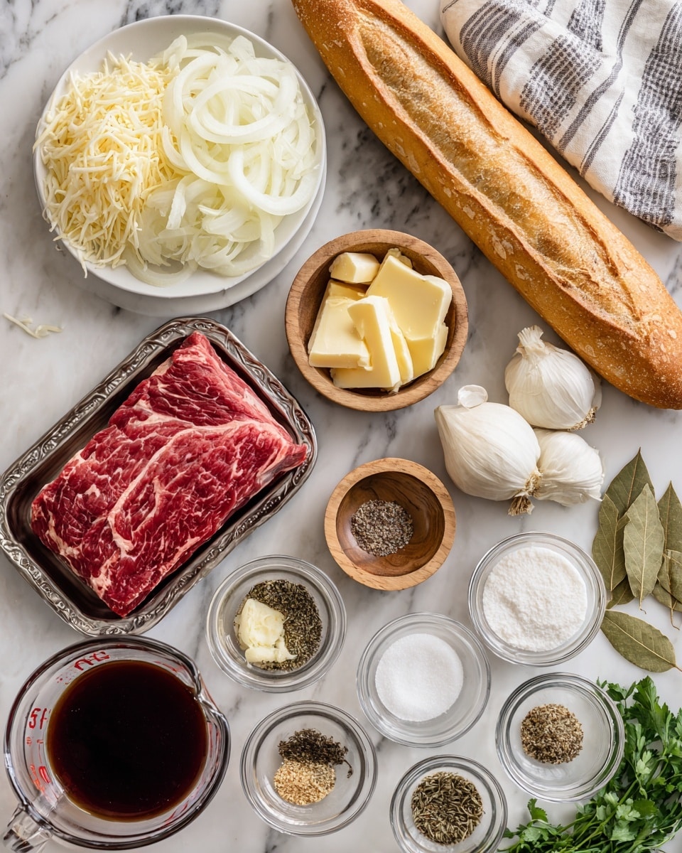 The image shows ingredients arranged neatly on a white marbled surface for making a beef dish. In the center, a raw chuck roast with rich red color and marbled texture sits on a silver tray. Surrounding it are clear glass bowls with white sliced onions and shredded pale yellow cheese labeled Gruyere or provolone. A plain white plate holds a long, golden brown French bread partly wrapped in a striped cloth. Small wooden bowls contain pale yellow butter and several whole garlic cloves. There are small round dishes with various spices: light green dried oregano, light brown thyme, and a darker mix of salt and pepper. A glass measuring cup holds dark reddish beef broth, and next to it is a glass bowl with clear water. Other small containers have white cornstarch, dark Worcestershire sauce, and light yellow oil. Fresh green parsley is placed near the bottom right. Dried bay leaves with a muted green color lie near the bread. The photo taken with an iphone --ar 4:5 --v 7
