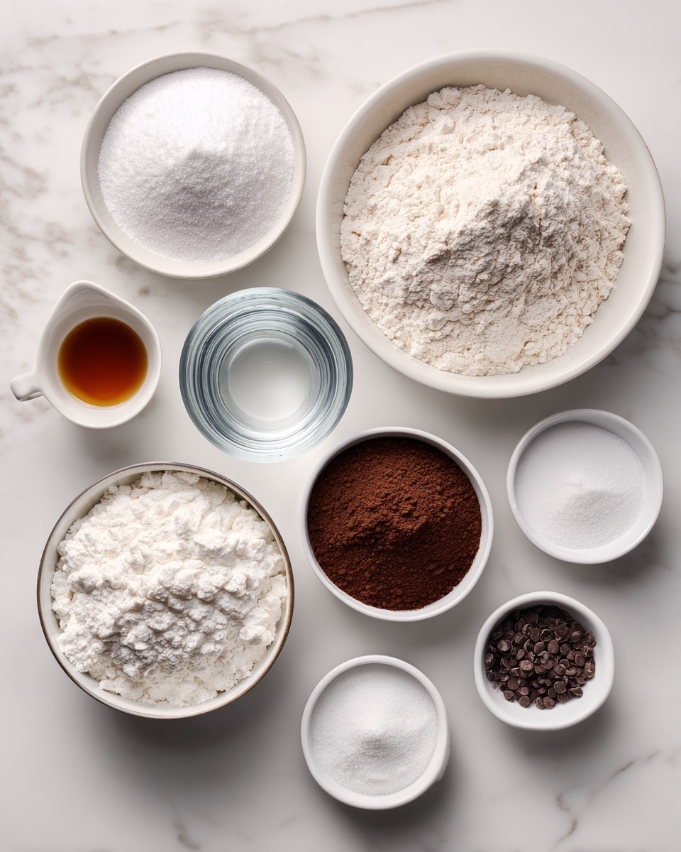 A top-down view of various dry and liquid baking ingredients arranged neatly on a white marbled surface. In the top right is a large white bowl filled with pale off-white all-purpose flour with a slightly grainy texture. To its left is a smaller white bowl with bright white powdered sugar, fluffy and finely ground. Below that is another white bowl with granulated sugar, which is bright white and has a crystalline texture. Near the center, there is a transparent glass filled with clear water. To the left of the glass, there is a small white cup with dark amber vanilla extract and another small empty white cup that held white vinegar. To the right of the glass, there are three small white bowls — one with dark brown cocoa powder that is smooth and dry, one with fine white baking soda, and one with white salt crystals. Each ingredient is labeled with black text placed near each bowl or glass. The whole setup rests on a smooth, clean white marbled surface. photo taken with an iphone --ar 4:5 --v 7