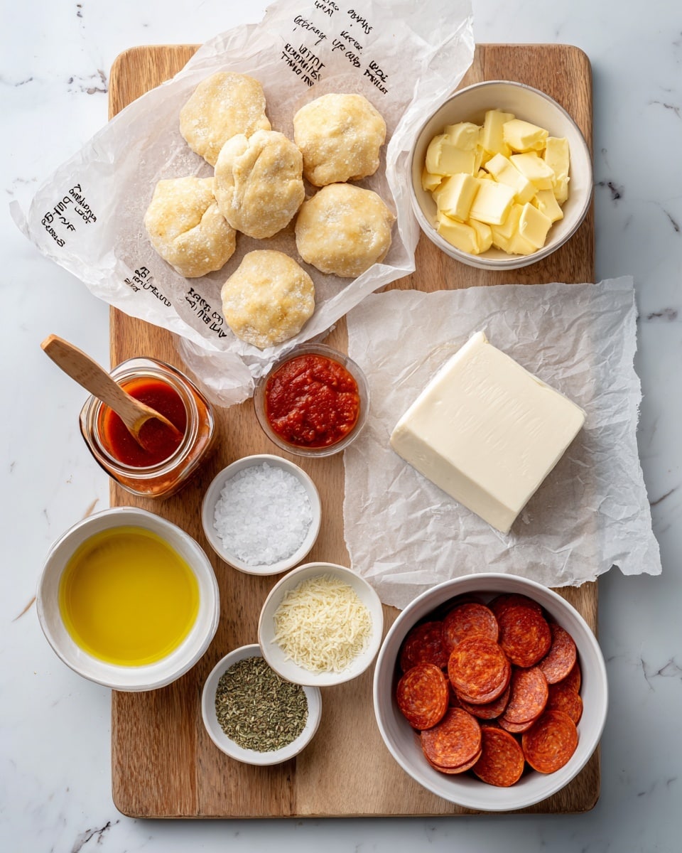 The image shows a wooden cutting board on a white marbled surface, with various ingredients arranged around it. At the top left, an opened package of flaky biscuit dough with some dough pieces separated rests on the board. To the right, a small white bowl holds melted yellow butter with a smooth texture. Below the butter, a block of white mozzarella cheese sits on a piece of white parchment paper. Below and to the left, a small white bowl contains coarse kosher salt with a wooden measuring spoon resting inside. Next to the salt, a glass jar of rich red pizza sauce is open, showing its thick texture. At the bottom left, a small white bowl holds bright yellow olive oil. Centered near the bottom, a small glass bowl is filled with dried Italian herbs in green and brown shades. To the right, a small white bowl contains finely minced garlic with a light yellow color. At the bottom right, a white bowl is filled with several round, reddish-brown pepperoni slices stacked loosely. All items are neatly arranged and labeled with handwritten black text, photo taken with an iphone --ar 4:5 --v 7