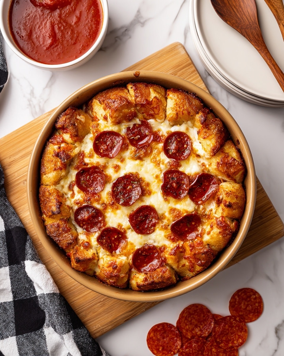 A round bundt pan filled with a baked dish showing a base layer of golden-brown, puffed bread pieces topped with melted white cheese that appears slightly bubbly and creamy. On the surface, there are multiple dark red pepperoni slices scattered evenly over the bread and cheese, providing a contrast of colors and textures. The pan is placed on a wooden cutting board, which rests on a white marbled surface. To the left, there is a black and white checkered cloth partially visible, and to the right, a small pile of pepperoni slices is placed directly on the marbled surface. In the upper left corner, a small white bowl with a rich red sauce is partly visible. A stack of white plates and a wooden spoon are seen in the upper right corner. Photo taken with an iphone --ar 4:5 --v 7