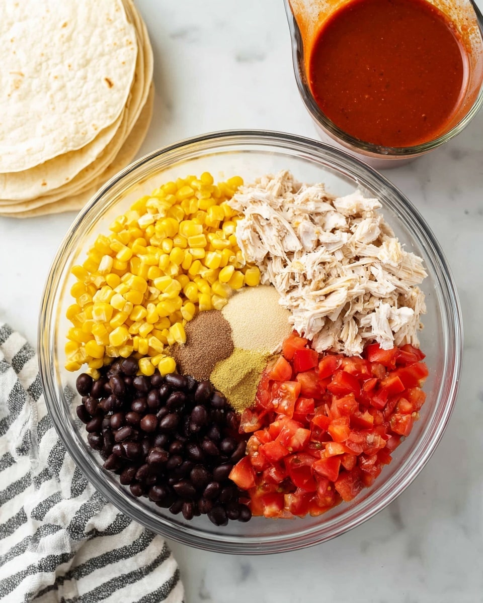 A clear glass bowl sits on a white marbled surface, filled with five distinct sections: bright yellow corn kernels in the top left, dark black beans in the top right, finely shredded white chicken in the bottom right, and vibrant red diced tomatoes in the bottom left. In the center of the bowl, there are two small piles of ground spices, one light beige and the other brown. Nearby, a white stack of tortillas rests on a striped cloth, and to the right of the bowl, a clear glass measuring cup holds rich red sauce. photo taken with an iphone --ar 4:5 --v 7