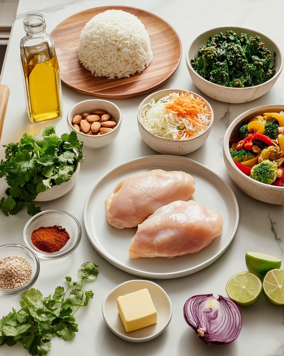 A white round plate holds two smooth, pale pink raw chicken pieces at the center. To the right, a bowl with green leafy vegetables and a clear glass bowl with shredded white and orange vegetables sit side by side. Below these, there are fresh green cilantro leaves, a halved lime, and a quartered lime placed next to each other, along with a halved purple onion showing its layered texture. To the left of the chicken, small dishes contain coarse salt, orange-red spice powder, and whole almonds. Above, a small white dish has a square of yellow butter, and a small glass bowl holds a dark amber liquid. Behind these, a tall clear bottle filled with yellowish oil stands next to a mound of white rice shaped like a cylinder on a round wooden plate. Further back, two bowls with cooked mixed vegetables, including broccoli and sliced red peppers, rest on a white marbled surface. photo taken with an iphone --ar 4:5 --v 7