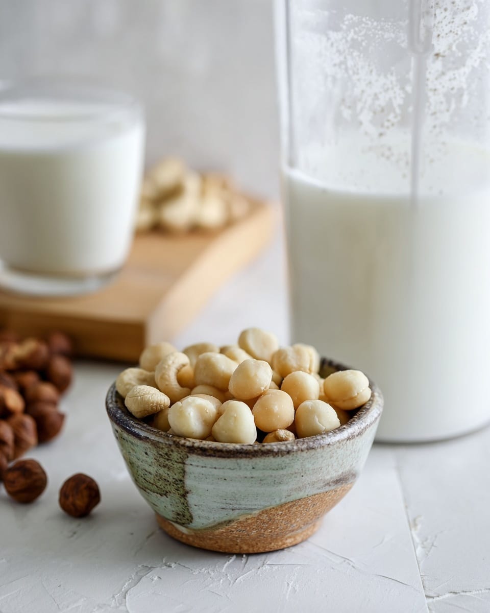 A small rustic bowl filled with whole macadamia nuts and cashew nuts sits on a white marbled surface. Behind it, there is a glass of fresh white milk placed on a light wooden board to the left, and to the right, a clear tall blender jar containing white nut milk with some foam and residue on the sides. The background is softly blurred with white tones and a white marbled surface. photo taken with an iphone --ar 4:5 --v 7