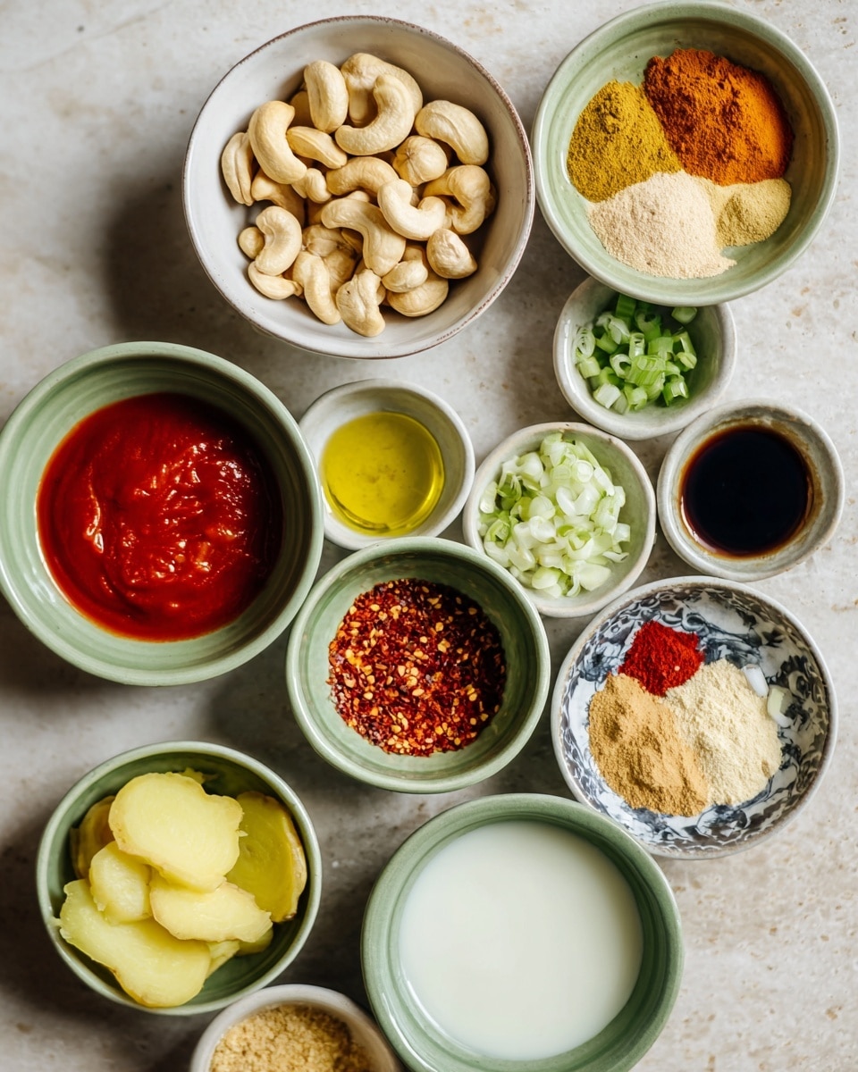 Several small bowls are placed on a white marbled surface. The bowls contain different ingredients: one with whole cashews, one with four different powders or spices arranged in sections of beige, yellow, brown, and orange, one with kimchi, and one with sliced yellow ginger. Other bowls hold red sauce, green oil, chopped white onions, a light beige powder, red chili flakes, a dollop of red paste, chopped green onions and garlic, a larger bowl with white creamy liquid, and a few bowls with clear liquids. All the bowls are white or have a greenish-white interior. photo taken with an iphone --ar 4:5 --v 7