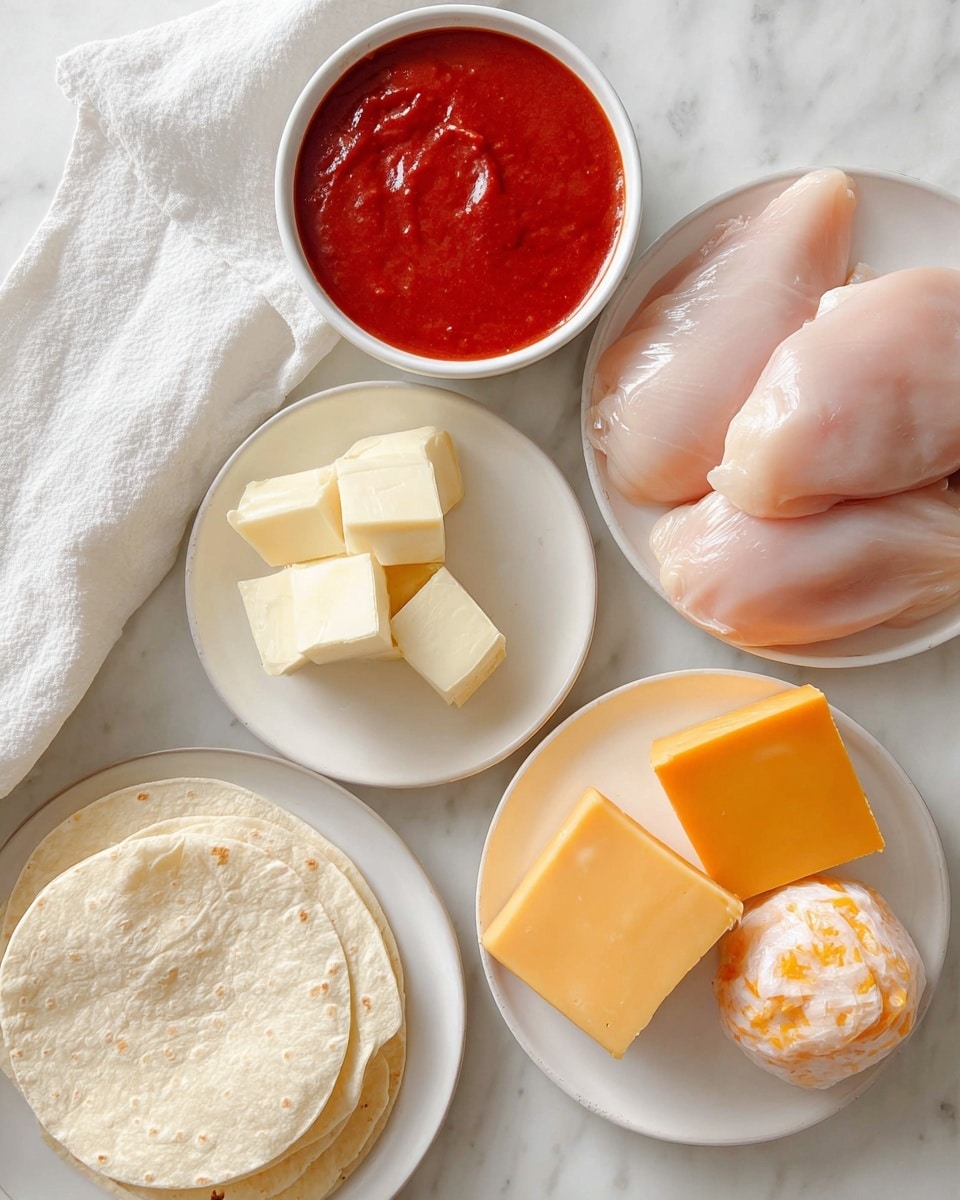 The image shows five white plates and bowls with different food items arranged on a white marbled surface. On the top left, a white bowl holds a smooth, thick red sauce. Below it, a bowl contains several cubes of pale yellow butter. At the bottom left, a white plate has a small stack of pale beige tortillas with a soft texture. On the top right, a white plate holds three raw, smooth, pale pink chicken pieces placed closely. At the bottom right, another white plate holds two blocks of cheese: a rectangular orange-yellow block and a round marbled orange and white piece. There is a white cloth partially visible at the top left corner. Photo taken with an iphone --ar 4:5 --v 7