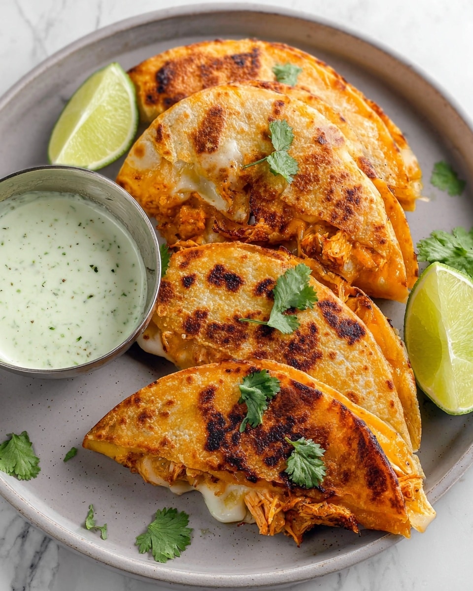 Three golden-brown folded quesadillas are layered on a round white plate, each showing a crispy, slightly charred outer shell with melted cheese and shredded chicken peeking out from the edges. Small green cilantro leaves garnish the quesadillas, adding a fresh contrast. On the side, a small metal bowl holds a creamy light green sauce with visible herbs. A lime wedge sits in the background on a white marbled surface, enhancing the fresh look of the dish. Photo taken with an iphone --ar 4:5 --v 7