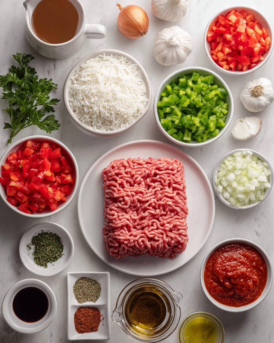 The image shows an assortment of raw ingredients arranged neatly on a white marbled surface, all in white bowls except one small dish of olive oil. In the center, there is a white plate with a large rectangular mound of raw ground beef or turkey, pink and textured. Surrounding it are bowls of bright red diced bell peppers, green diced bell peppers, finely chopped fresh parsley, diced white onions, white rice, and a small bowl of tomato paste with a thick red texture. There is also a clear glass measuring cup filled with diced tomatoes in tomato juice, a small bowl of minced garlic, a small container holding dark soy sauce, and a plate with a variety of dry seasonings including green herbs and red spices. A cup of brown vegetable broth is also present. The ingredients are evenly spaced and well lit, with some garlic bulbs near the upper side. photo taken with an iphone --ar 4:5 --v 7