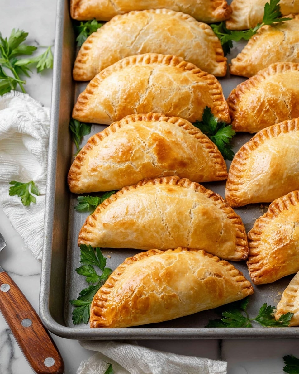 A baking tray filled with two layers of golden brown empanadas, each structured like a half circle with crimped edges sealed tightly. The top layer shows empanadas with a crackled crust texture and a light shine from baking, neatly arranged to partly overlap each other. Scattered bright green parsley leaves are placed decoratively around the tray on a white marbled surface. Nearby is a white cloth and a knife with a wooden handle partly shown at the corner, adding a rustic feel to the scene. Photo taken with an iphone --ar 4:5 --v 7
