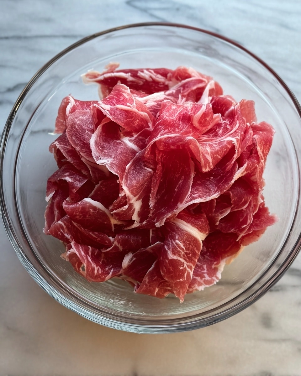 A clear glass bowl filled with thin slices of raw red meat stacked loosely inside, showing marbling of white fat throughout the deep red layers, placed on a white marbled surface. The texture of the meat looks soft and slightly folded over itself in multiple layers, with some parts curling upward. Photo taken with an iphone --ar 4:5 --v 7