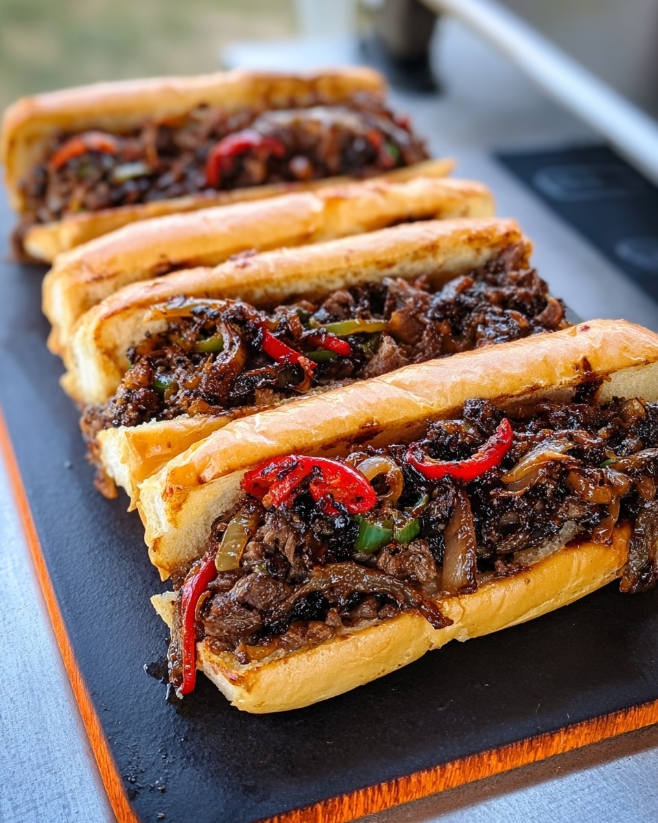 Four sandwiches sit side by side on a dark surface with orange edges, each sandwich made with a golden toasted bun as the base layer. On top of each bun, there is a thick, slightly crispy layer of cooked dark brown meat mixed with small pieces of sautéed onions and bright red and green bell pepper strips scattered evenly across the meat. The texture of the filling looks tender with some caramelized spots, and the buns hold the saucy rich filling securely. The background shows a soft outdoor view, and the surface beneath the sandwiches has a smooth look. photo taken with an iphone --ar 4:5 --v 7