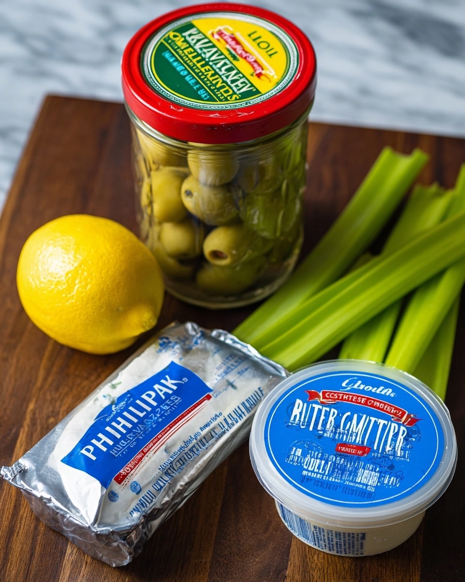 The image shows a close-up of five food items arranged on a dark wooden surface with a white marbled texture in the background. At the center back, there is a tall glass jar filled with light green pitted Italian Castelvetrano olives with a red lid and a green and red label. To the left of the jar, there is a bright yellow lemon with a slightly rough texture. In front and slightly to the right of the lemon, there is a silver rectangular package of Philadelphia Original cream cheese with blue lettering and a partially opened top. To the right of the cream cheese, there is a round white container with a blue lid holding Roth Buttermilk Blue cheese crumbles, labeled clearly in blue and red text. At the far right top, several bright green celery stalks with visible texture and leaves lie horizontally. The setup is well-lit, highlighting the textures and colors of the items clearly, photo taken with an iphone --ar 4:5 --v 7