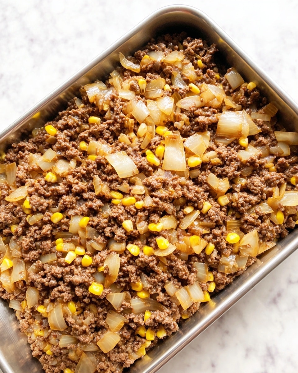 The image shows a metal tray filled with a single, thick layer of cooked ground meat mixed with small chunks of translucent white onions and bright yellow corn kernels spread evenly throughout. The meat is brown and crumbly, with some glossy areas from cooking juices, while the onions are soft and slightly browned around the edges. The corn adds small pops of color against the darker tones of the meat and onions. The tray is placed on a white marbled surface. photo taken with an iphone --ar 4:5 --v 7