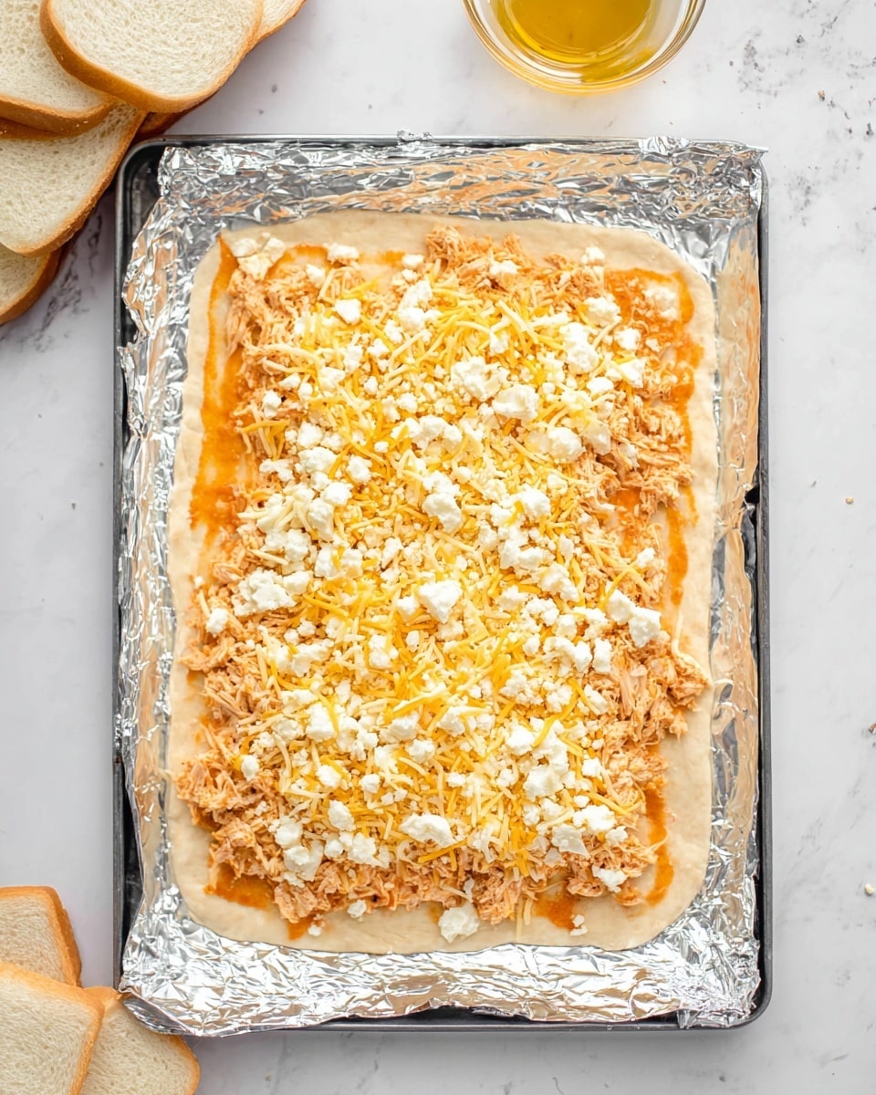A rectangular piece of dough is placed on an aluminum foil-lined baking tray. It is topped with three layers: the bottom layer is shredded orange-colored chicken spread evenly, the middle layer is a mix of shredded yellow and white cheeses scattered over the chicken, and the top layer consists of small white crumbly cheese pieces sprinkled across the surface. Around the tray, the white marbled surface is visible, with a small glass bowl of a yellowish sauce and a few slices of white bread placed nearby. Photo taken with an iphone --ar 4:5 --v 7