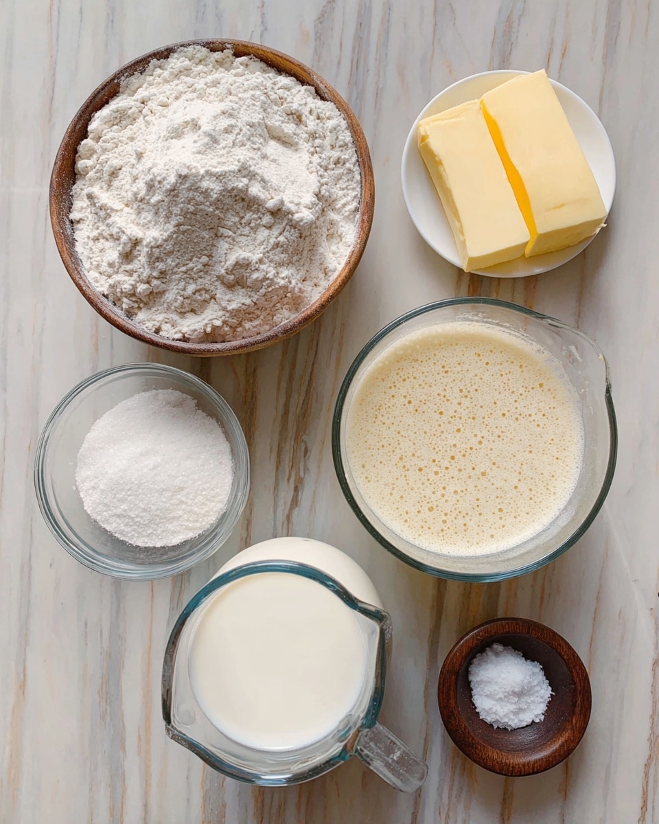 A top-down view of six separate bowls arranged on a white marbled surface, each holding a key ingredient for baking. The largest bowl contains white flour with a slightly coarse texture. Next to it is a small white bowl filled with granulated sugar, ivory in color. Another small clear glass bowl holds two thick sticks of yellow butter. A medium clear measuring cup contains white milk. Next to it, a tall clear jar is full of rising bubbly beige yeast mixture. Lastly, a tiny dark wooden bowl holds fine white salt, all ingredients neatly organized in simple containers photo taken with an iphone --ar 4:5 --v 7