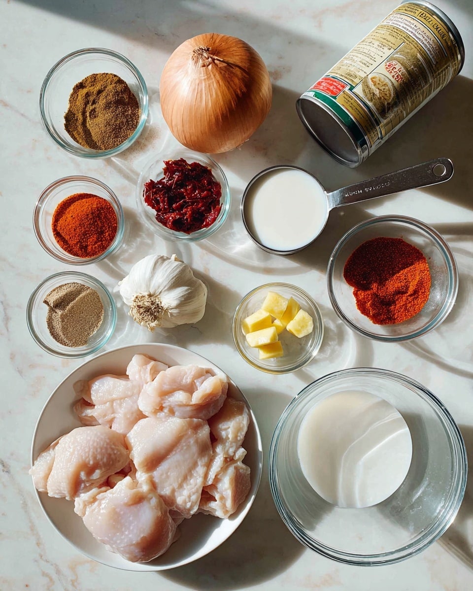 The image shows various cooking ingredients neatly arranged on a white marbled surface. In the front right, there is a clear glass bowl holding several raw, pale pink chicken pieces. To the left of it, a white plate displays five piles of different ground spices in colors ranging from brown to dark red and bright orange. Nearby, small clear glass bowls contain a deep red paste and some fine white flakes. Above these, a large whole brown onion and a cluster of peeled garlic cloves sit next to two small yellow chunks in a tiny glass bowl. Near the top center, a metal measuring cup holds a white creamy substance, while a clear glass measuring cup next to it is filled with white coconut milk. On the top right, an unopened can of unsweetened coconut milk is tilted on its side. The setup is well-lit, with soft shadows, and the photo taken with an iphone --ar 4:5 --v 7