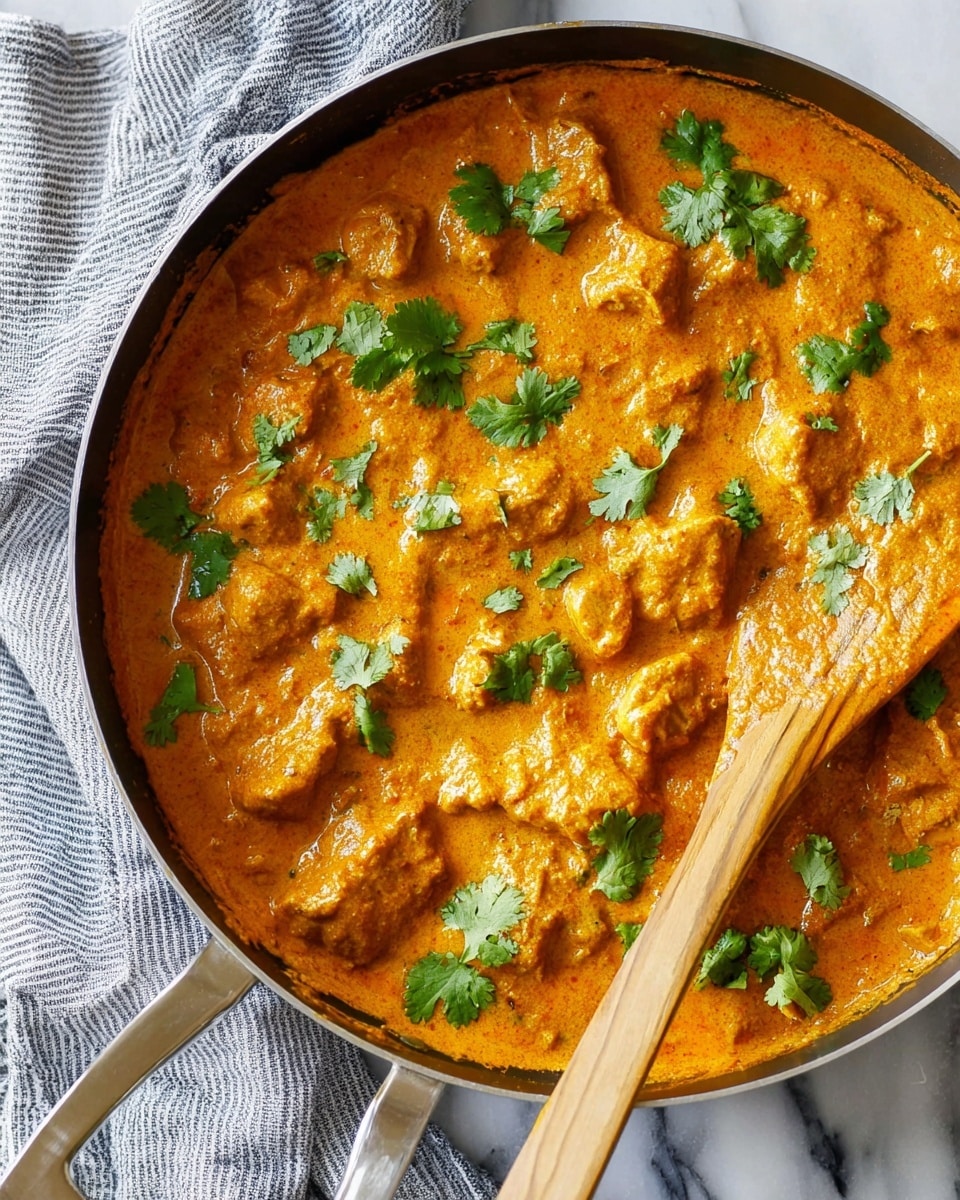 A top-down view shows a deep pan filled with thick orange curry sauce with chunks of light golden cooked meat scattered through it. Bright green cilantro leaves are spread on top for garnish. A wooden spoon with visible grain rests inside the pan, partially covered by the sauce. The pan sits on a white marbled surface with a gray and white striped cloth underneath it. Photo taken with an iphone --ar 4:5 --v 7