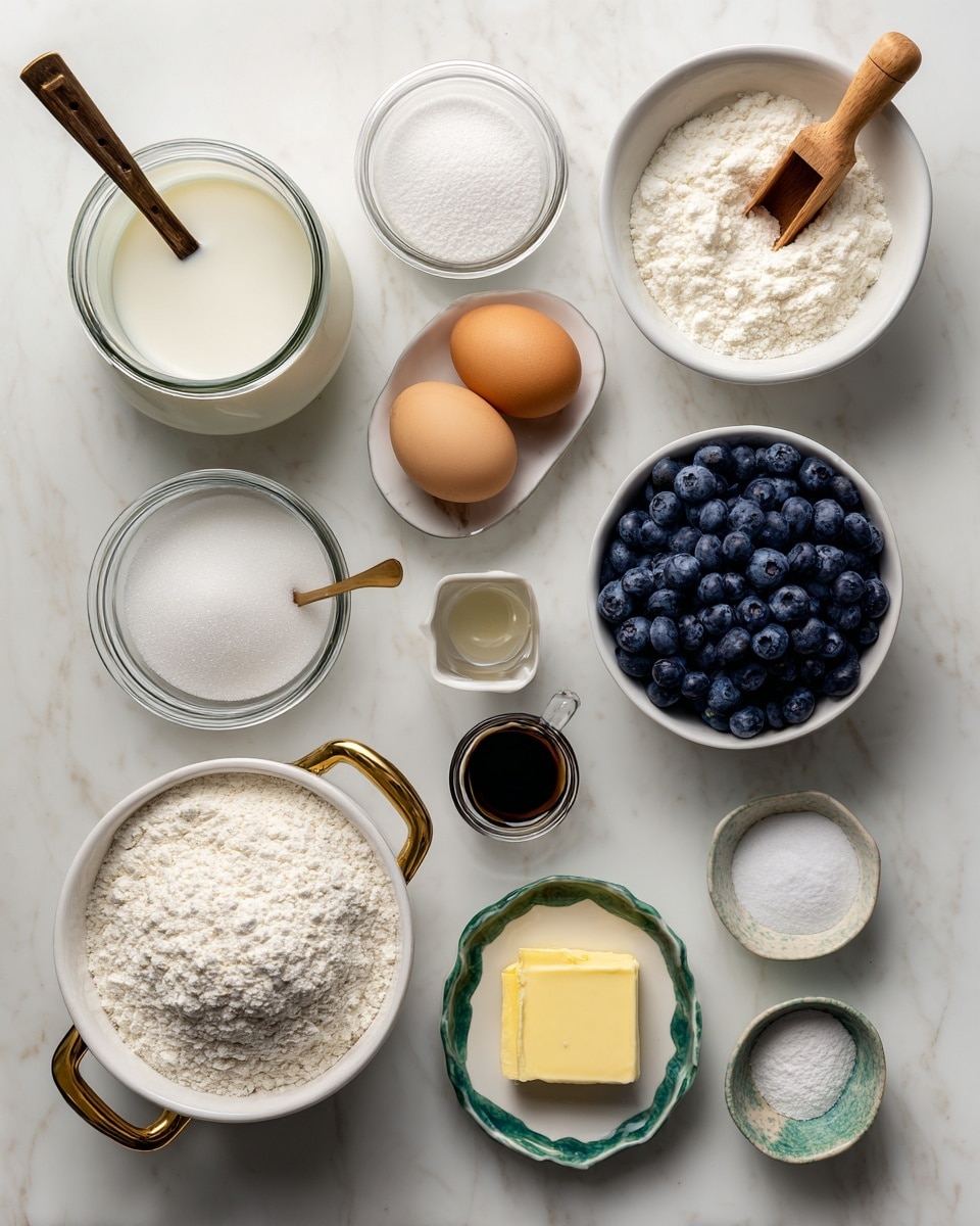 The image shows various baking ingredients arranged on a white marbled surface. There is one clear glass jar filled with whole milk at the top left, next to a small glass jar filled with granulated sugar and a small wooden scoop resting inside it. To the right, a white bowl full of fresh blueberries is placed. Below, a white bowl contains an egg, and next to it, a white bowl with two gold handles holds white all-purpose flour. A small white dish with green lines contains a portion of melted butter. To the right, three tiny white bowl-like containers hold baking soda, vanilla extract in a small glass cup, baking powder, and salt, with some having tiny wooden spoons in them. Each ingredient has a label with its measured amount written in a casual black font above or beside it. Photo taken with an iphone --ar 4:5 --v 7