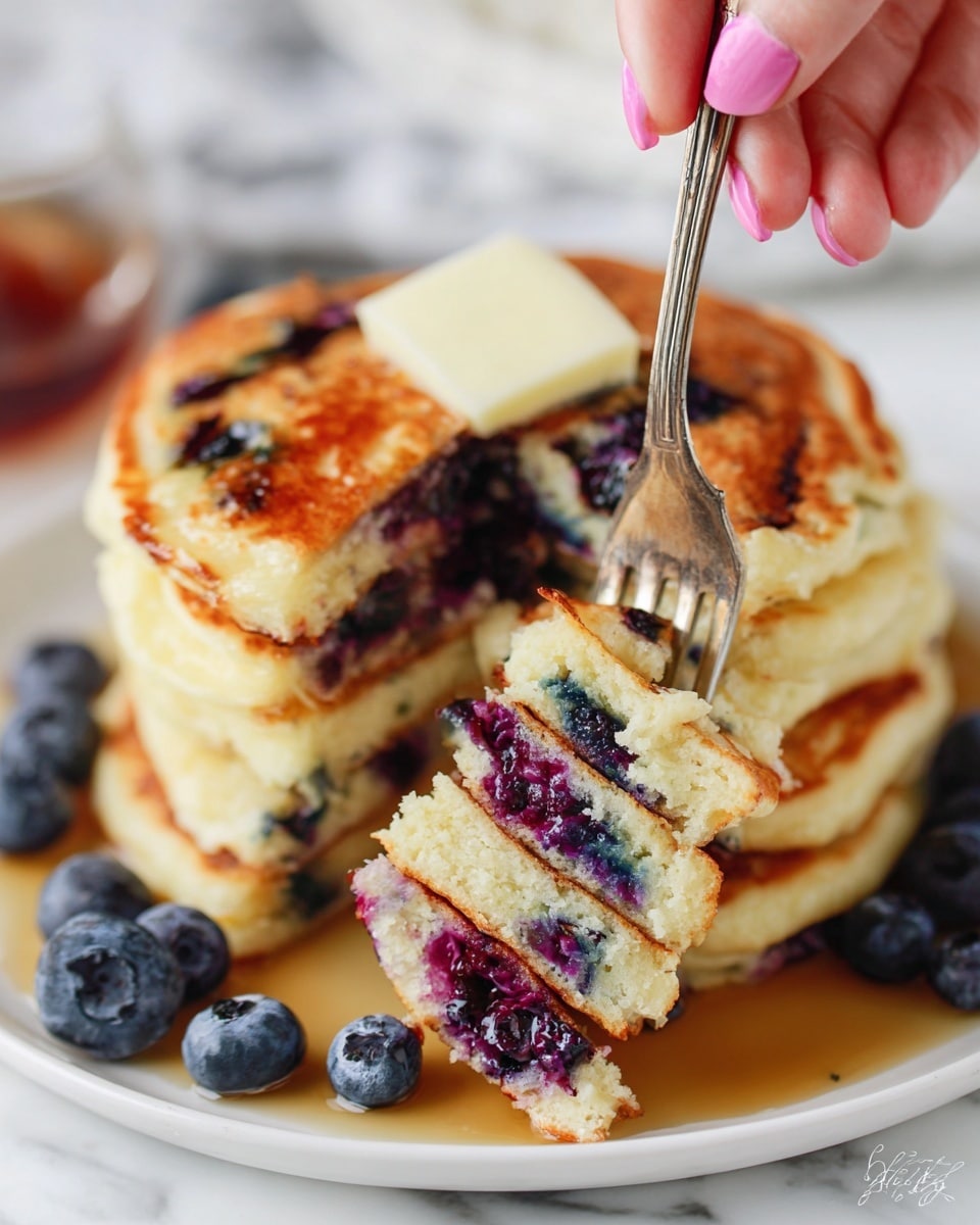 A tall stack of five fluffy golden pancakes sits on a white plate with a thin black rim, each pancake showing soft and airy textures with visible blueberries baked inside. The top pancake is adorned with a square pat of melting butter and fresh blueberries scattered around and on top. A woman's hand holds a silver fork lifting three triangular pieces from the top pancake, showing the inside filled with dark purple, juicy blueberries and a light, spongy crumb. Golden syrup pools gently around the base of the pancake stack on the white marbled surface beneath. photo taken with an iphone --ar 4:5 --v 7